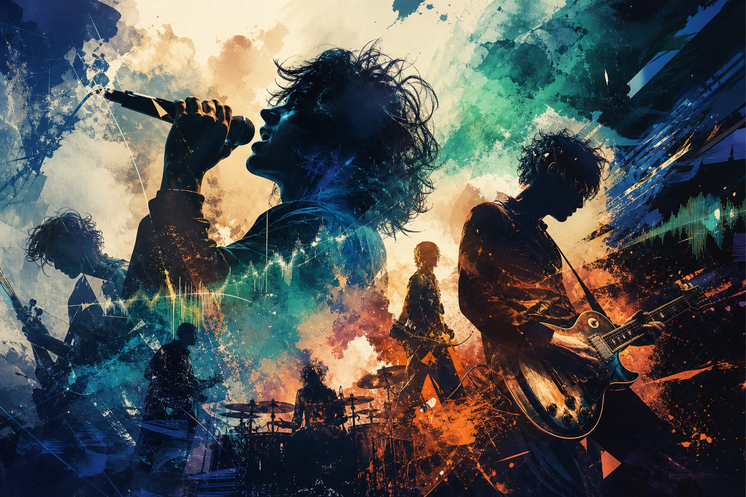 Surreal concert montage mixing metallic textures, neon glitches and smoky atmospherics to suggest experimental heavy music.