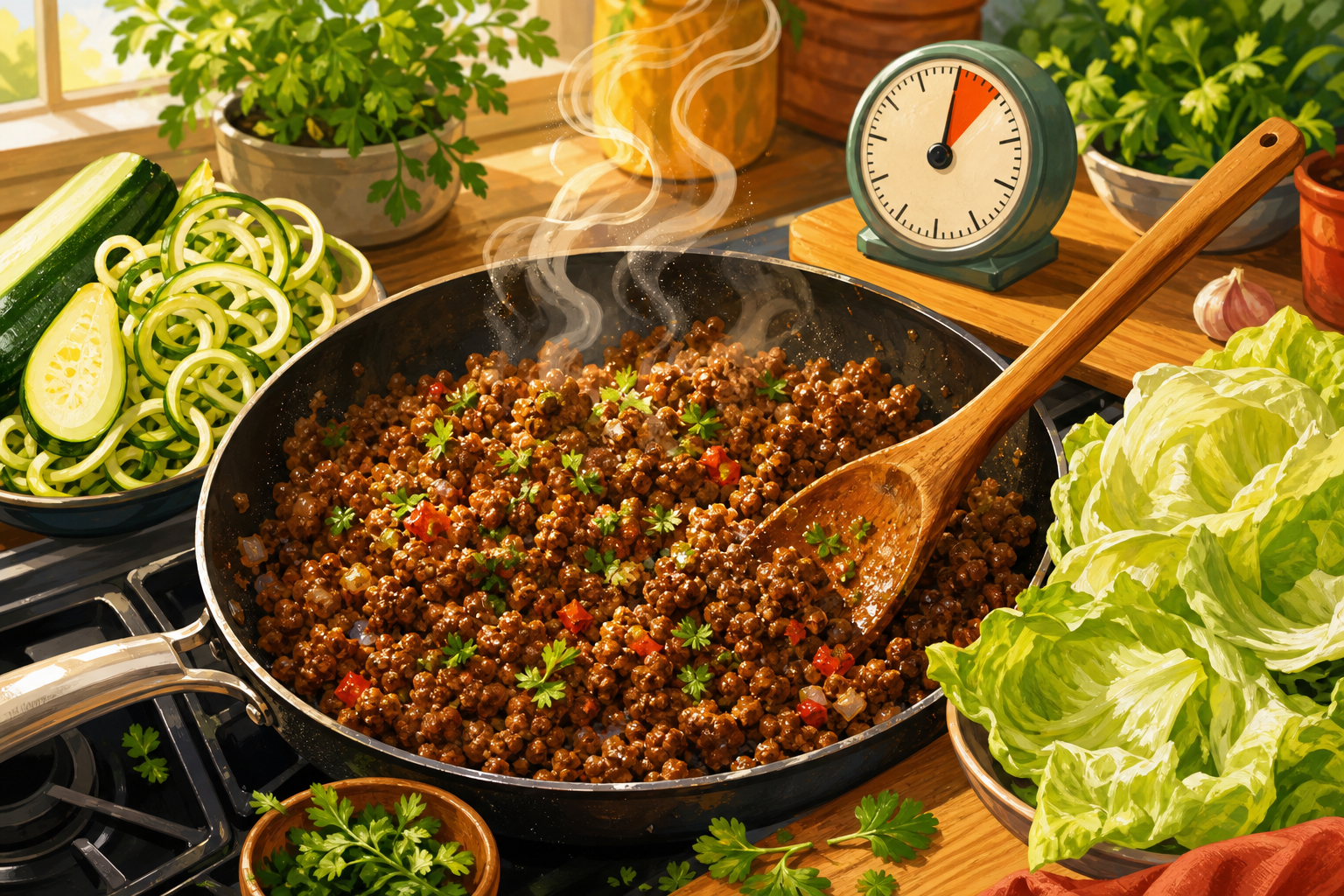 Illustration of a skillet with ground beef, zucchini noodles, lettuce leaves and a small clock, bright and energetic.
