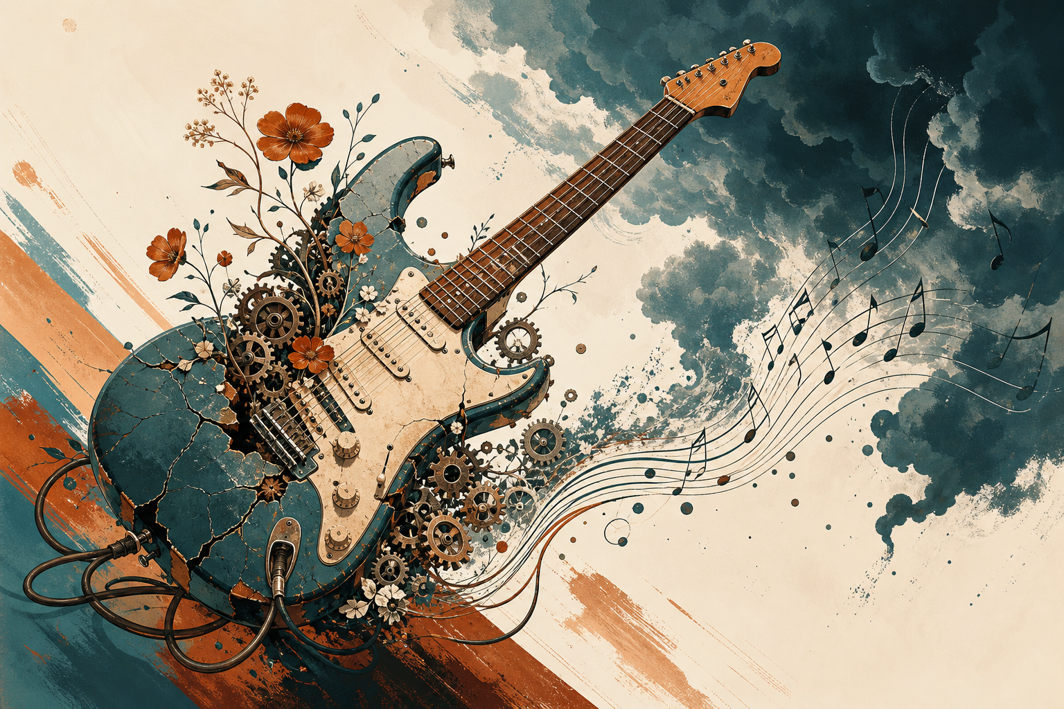 A surreal electric guitar merging with mechanical gears and musical staves under stormy clouds — energetic editorial illustration.
