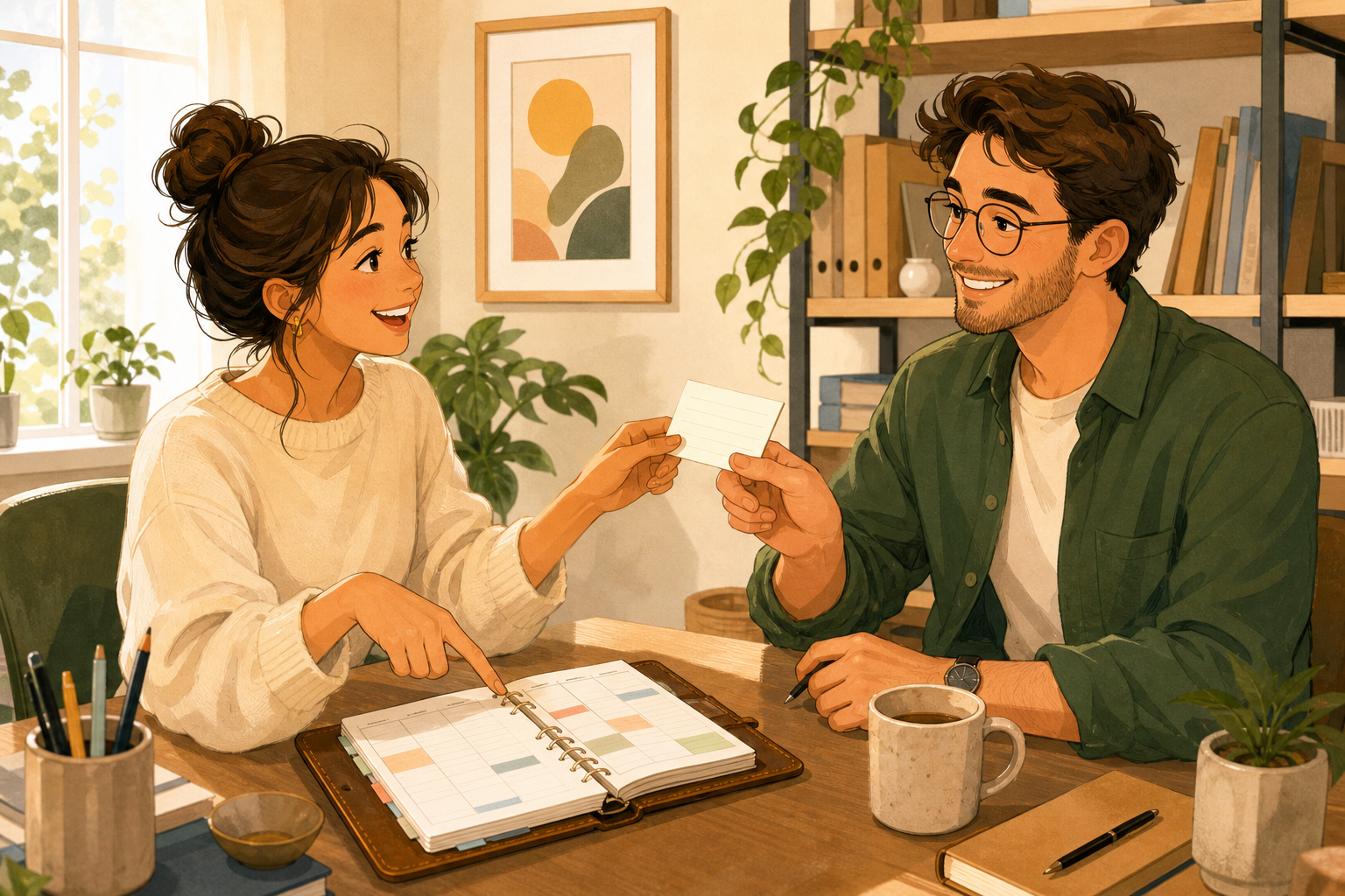 Two people in a cozy home office exchanging a compliment note beside an organized planner, soft lighting and friendly illustration style.