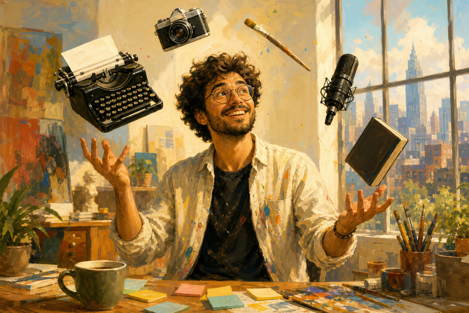 Whimsical illustration of a creative person juggling a typewriter, camera, paintbrush, microphone and notebook in a sunny studio.