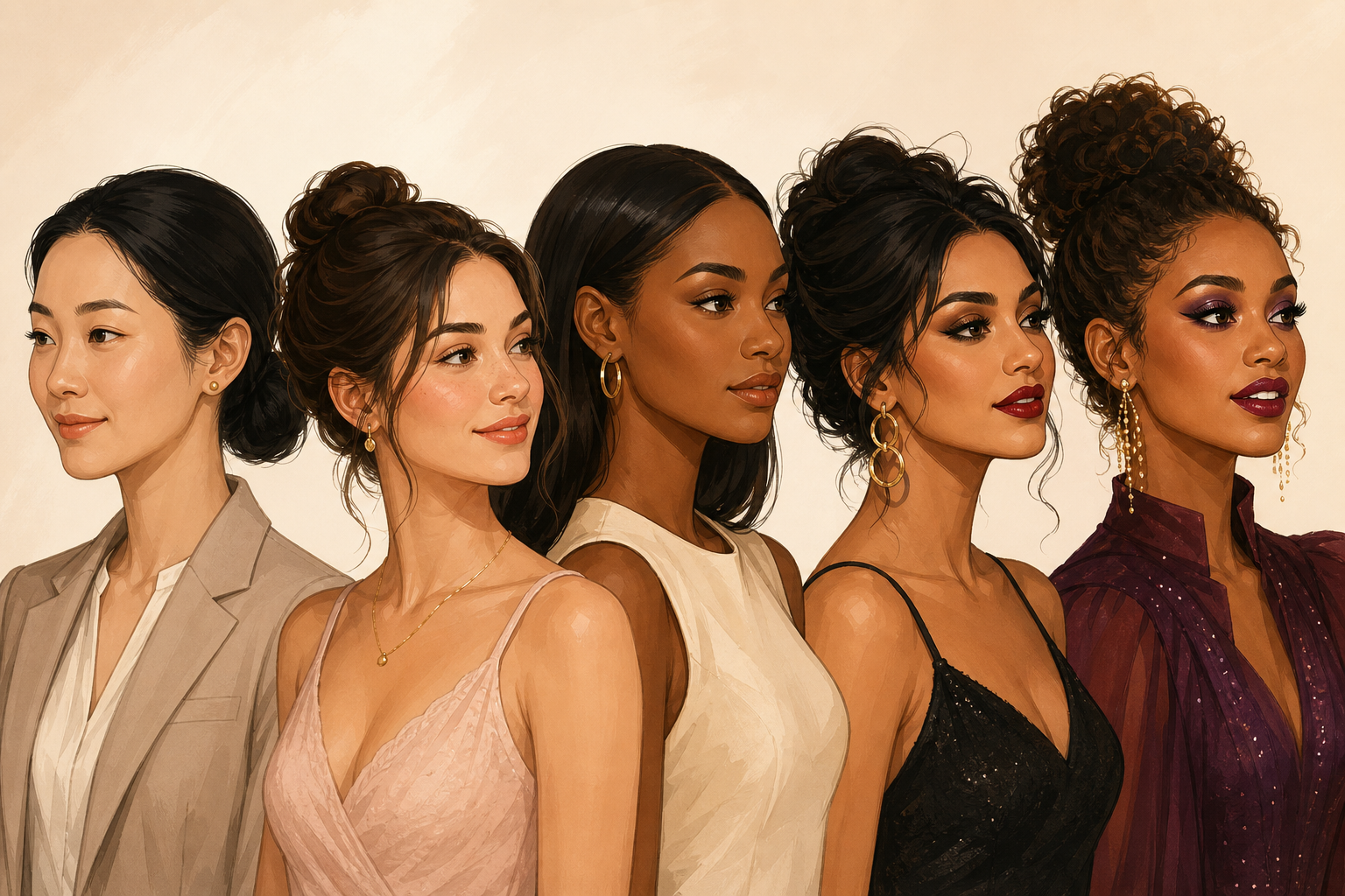 Five diverse faces side-by-side showing progressively stronger but still subtle makeup looks from natural to camera-ready.