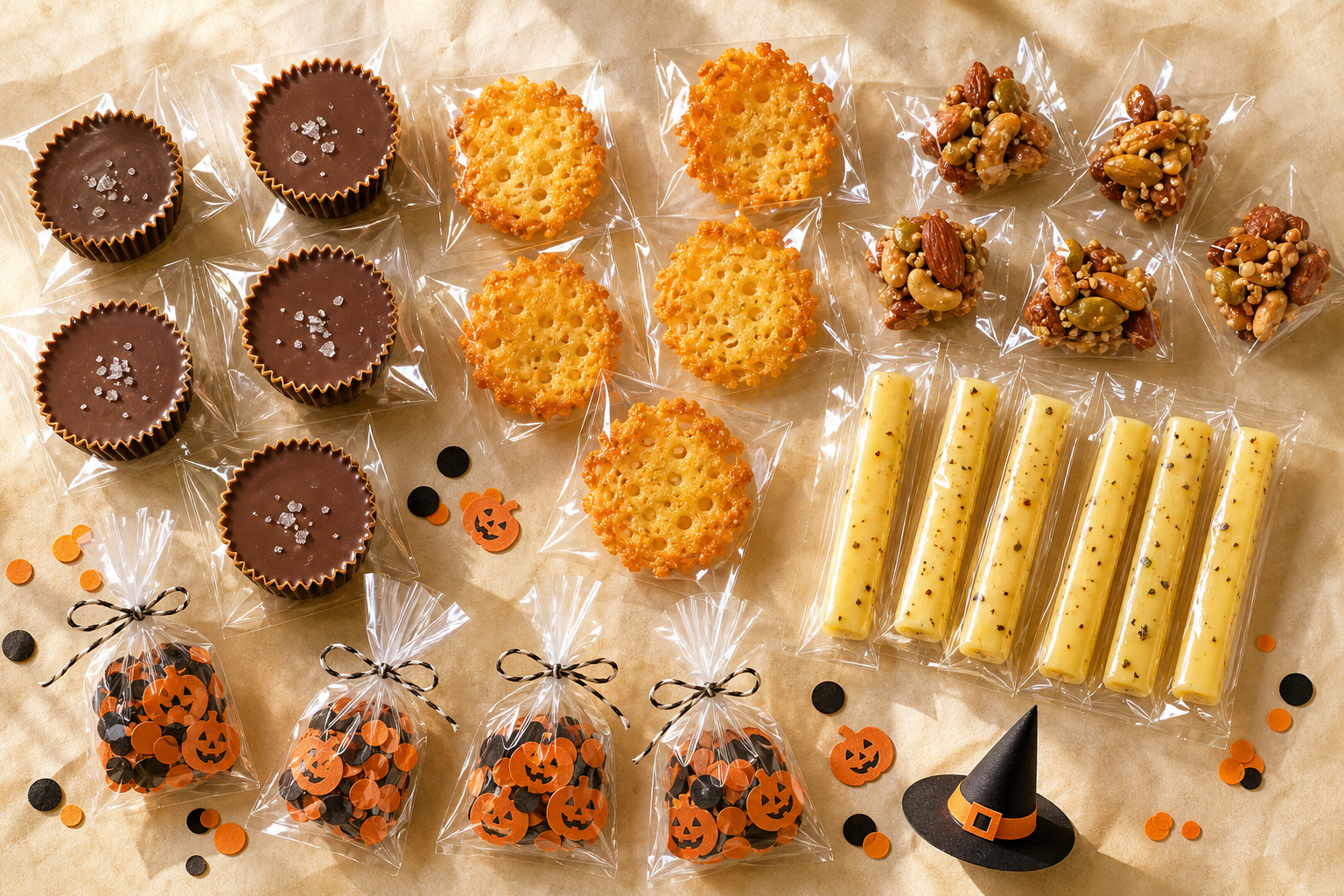 Flat-lay of assorted individually portioned keto treats on parchment with tiny Halloween decorations.