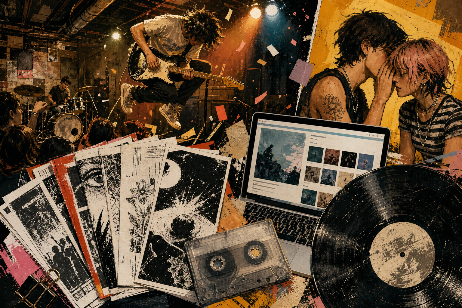 Collage of a basement gig, zine pages, cassette and Bandcamp-style page, musicians whispering—energetic, textured illustration.