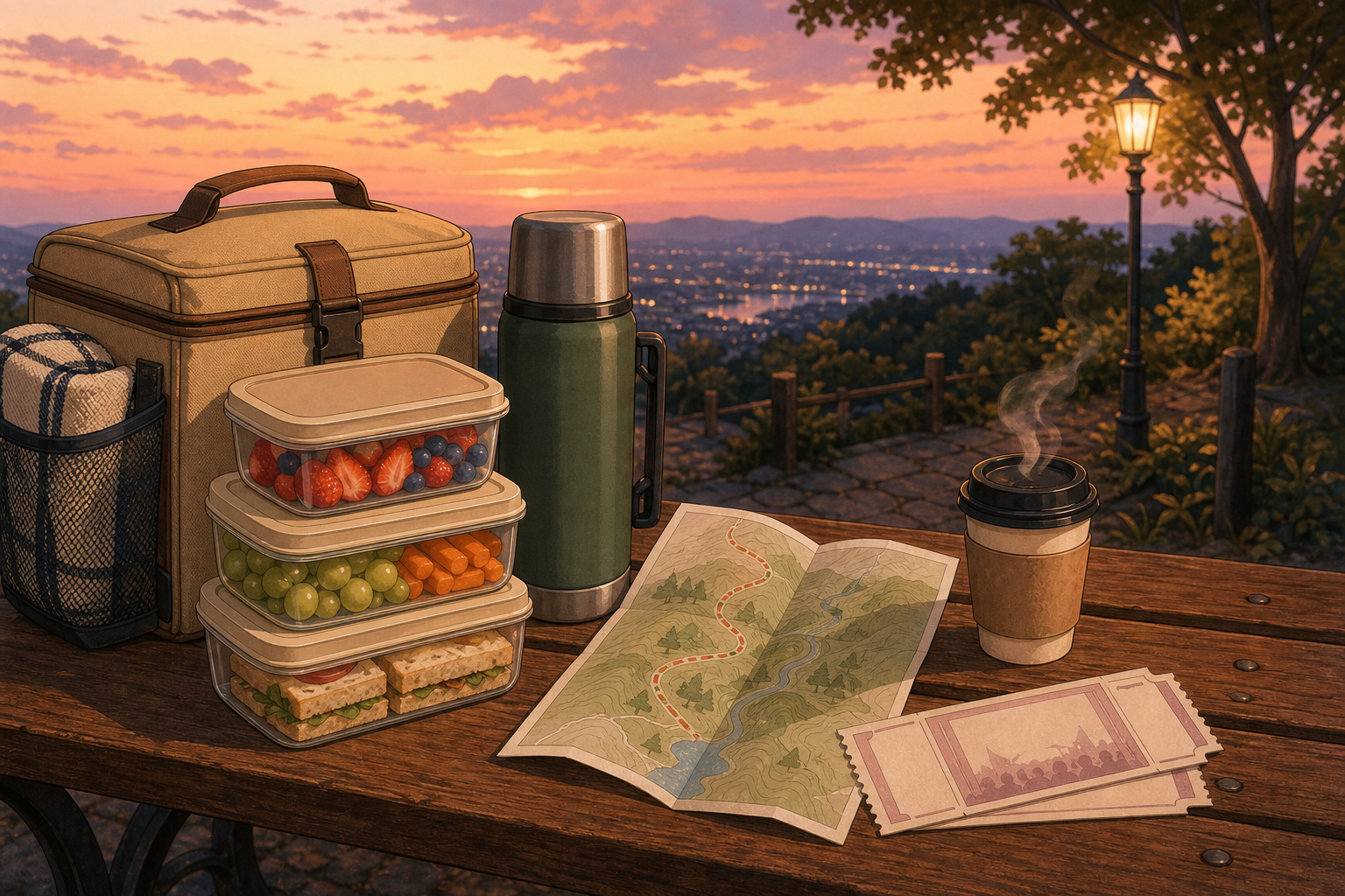 Cozy, organized date items — picnic, map, coffee, and tickets — laid out neatly on a bench at twilight.