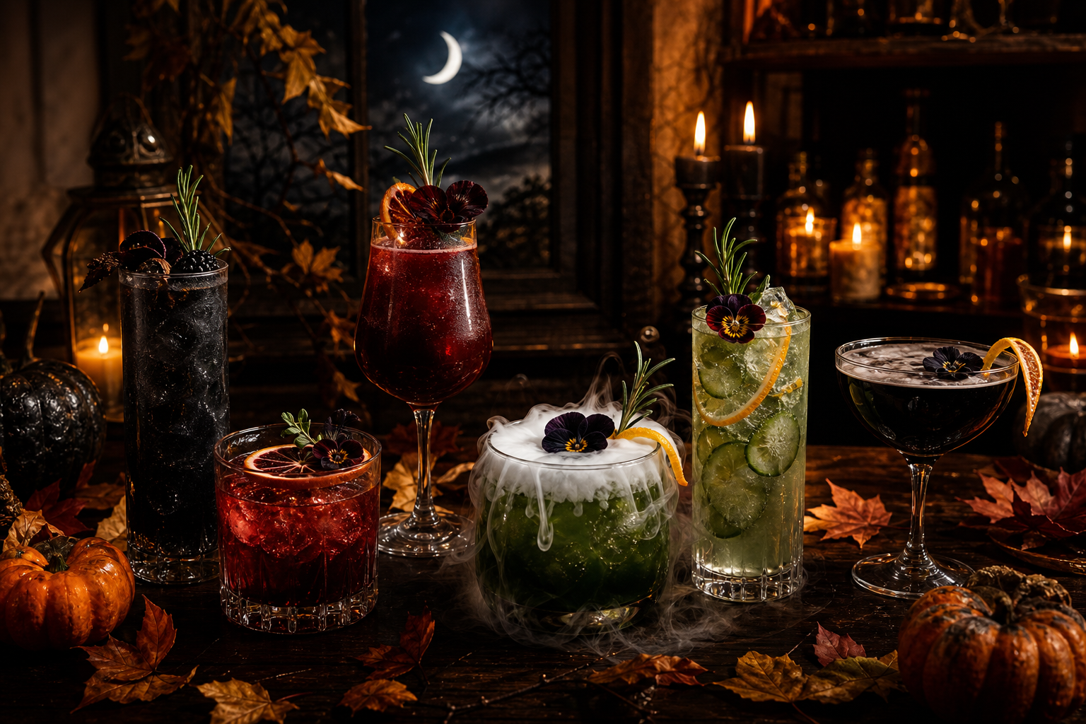 Moody Halloween bar spread with six different low‑carb cocktails and mocktails, fog and garnishes on a dark wooden table.