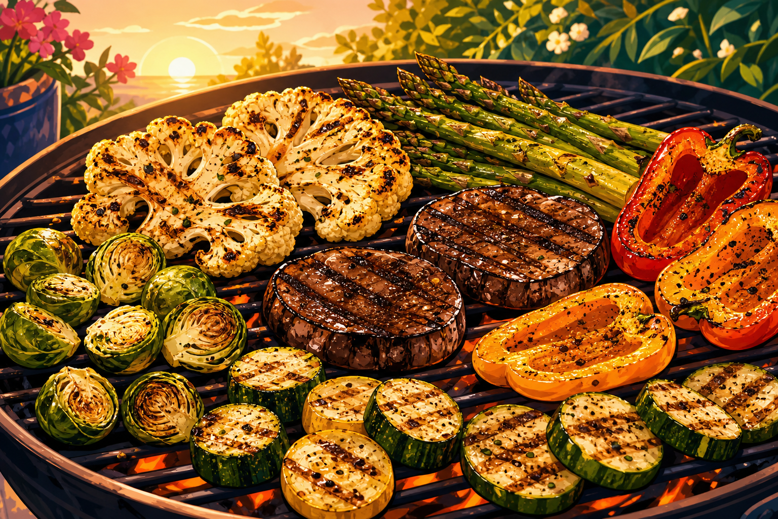Illustration of a grill with charred cauliflower steaks, asparagus, mushrooms, peppers and zucchini showing dark grill marks against a warm sunset background.