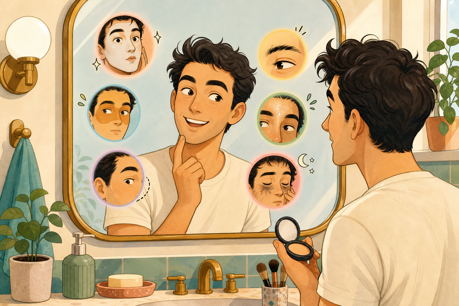 Illustration of a man checking his makeup in a mirror with playful visual cues indicating six common makeup mistakes.