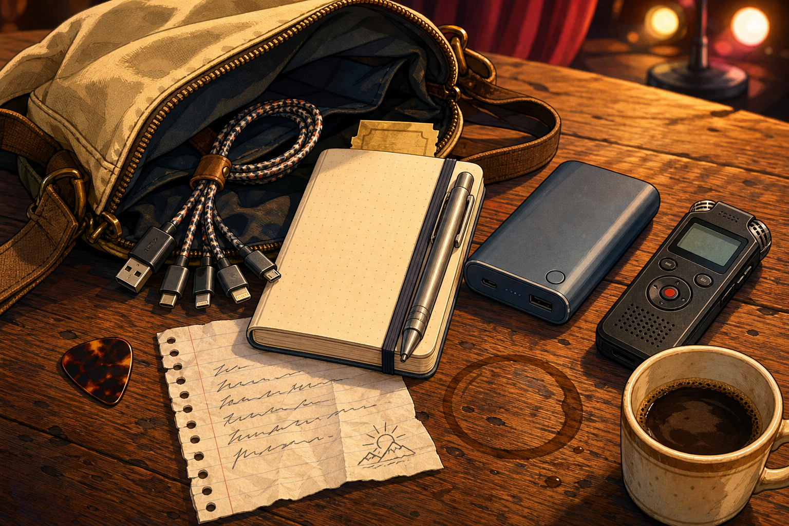 Open gig bag on a table with small practical items: pin, charging cable, pocket notebook with ticket, metal pen, pocket power bank, and compact voice recorder.