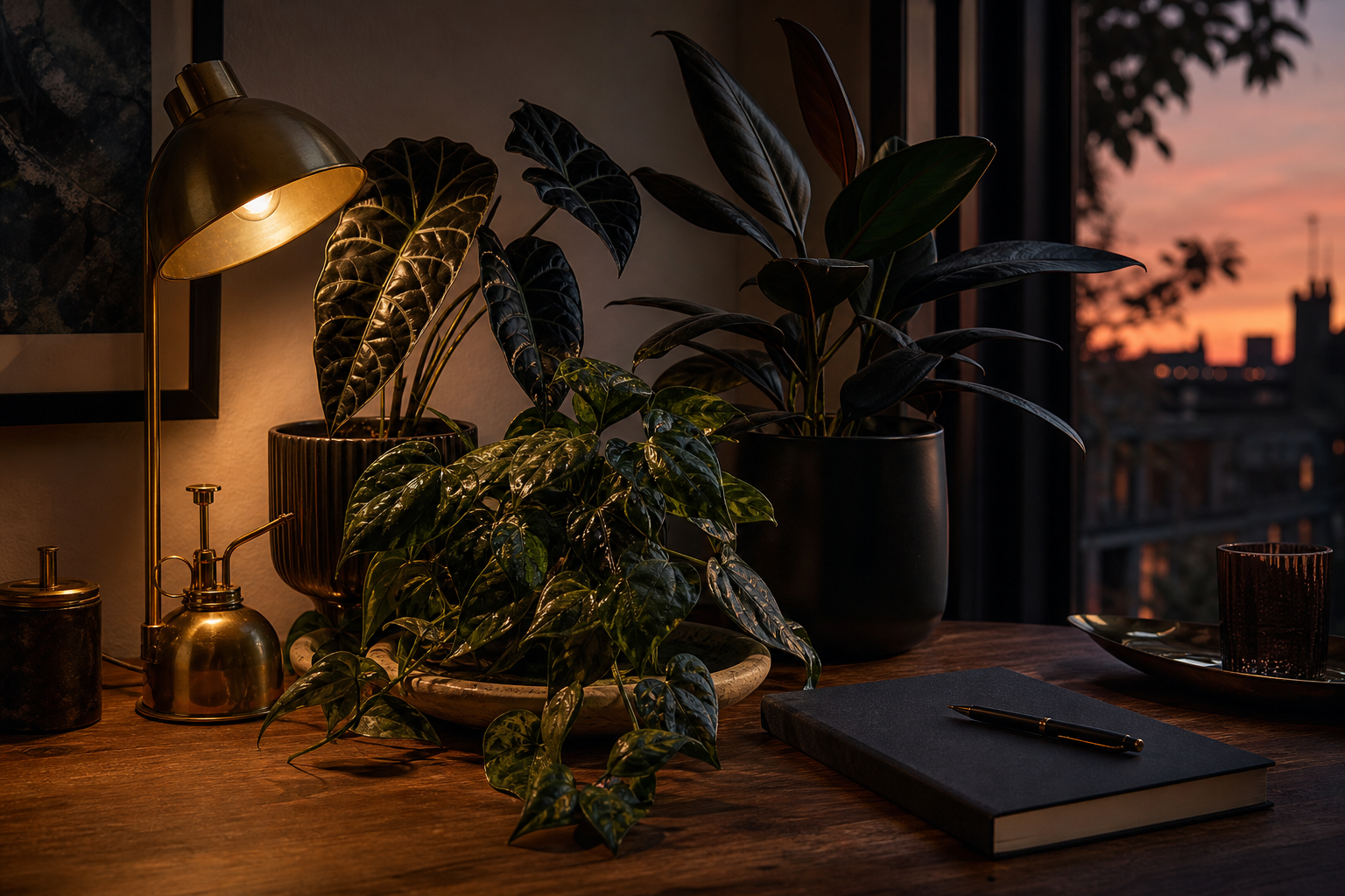 A moody desktop vignette with several small dark-leafed houseplants in varied pots, soft lamp light and a notebook.