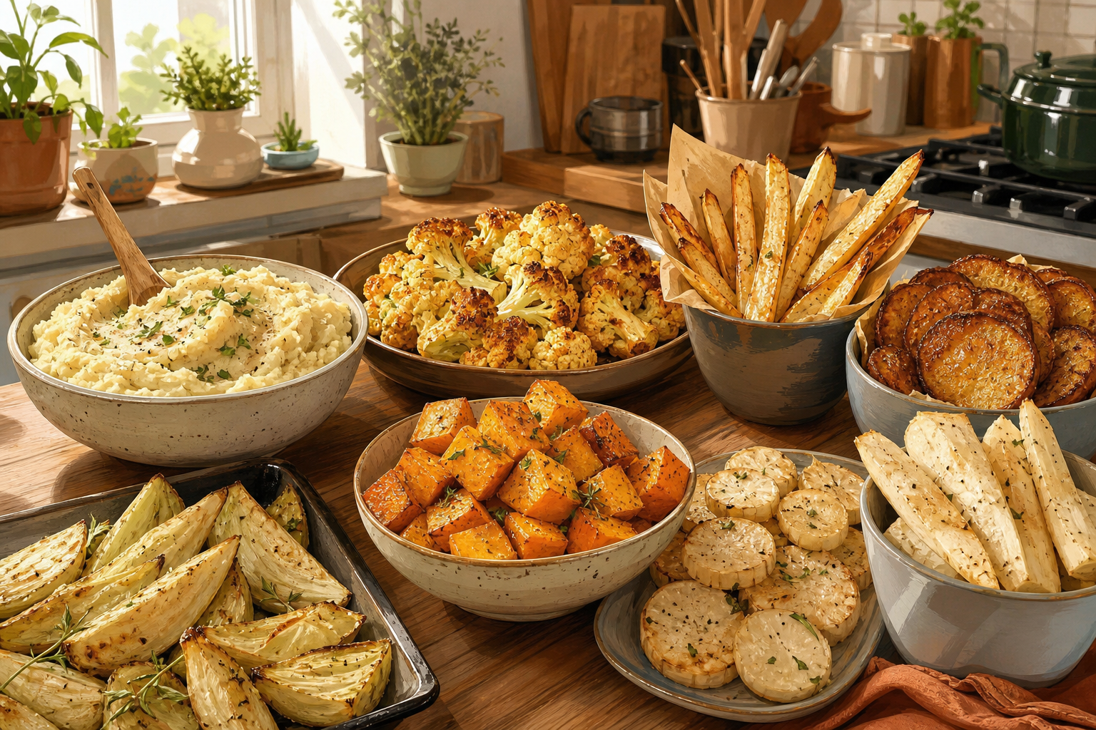 Assorted roasted and mashed low-carb vegetables—cauliflower, celeriac, rutabaga, turnip, kohlrabi, daikon and jicama—arranged on a kitchen counter.
