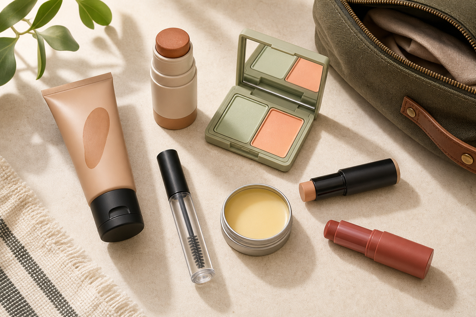 Travel-sized grooming products including tinted moisturizer, bronzer stick, concealer, clear brow gel, beard balm, and tinted lip balm on a neutral surface.
