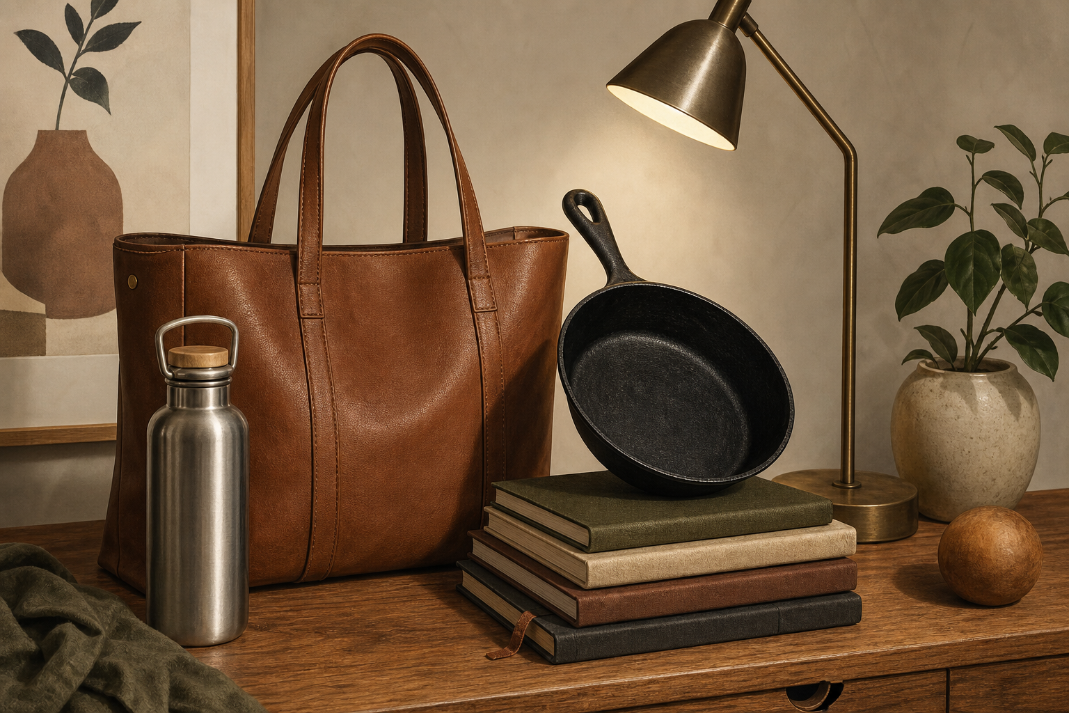 Still life of practical gifts—leather tote, insulated bottle, cast-iron skillet, hardcover notebooks, and a minimalist desk lamp—arranged on a wooden desk in warm light.