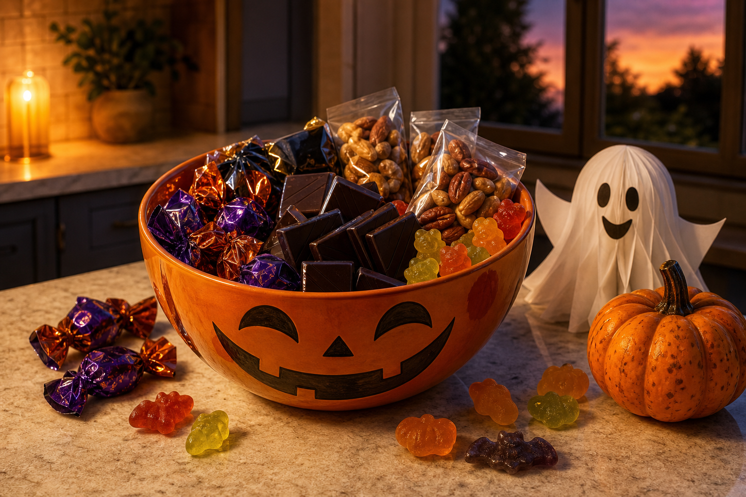 Halloween candy bowl with sugar-free chocolate bites, dark chocolate squares, and small packets of roasted nuts, warm cozy lighting.