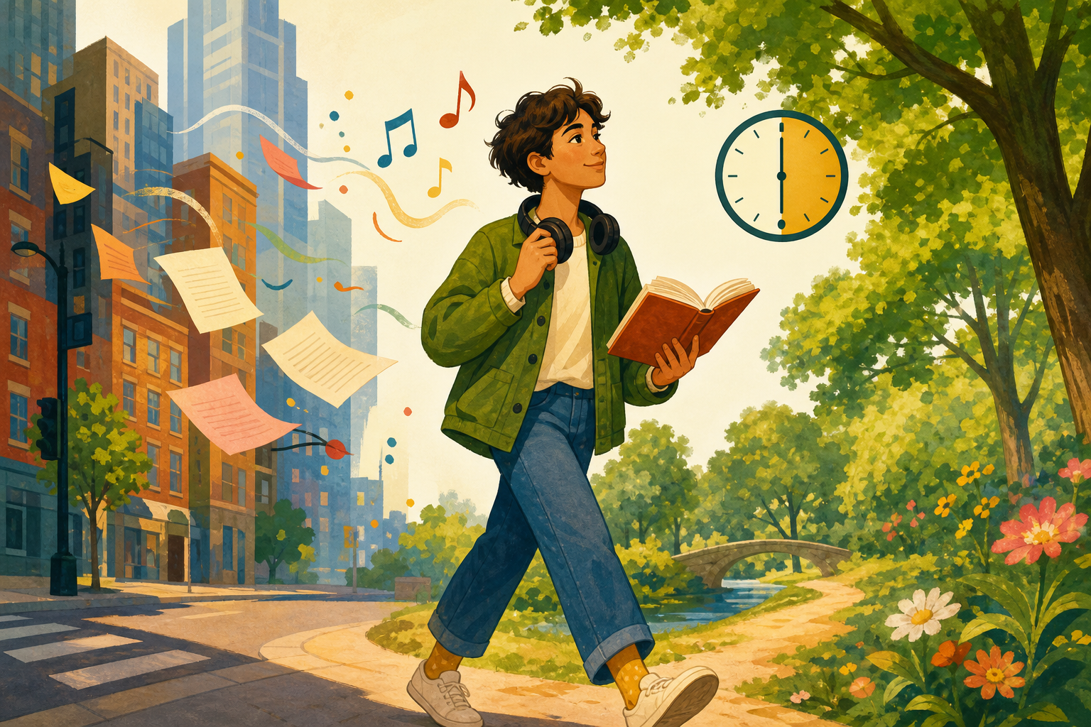 Illustration of a person walking from a city sidewalk into a park, holding an open book and headphones, with a small thirty-minute clock hovering nearby and music notes and paper pages drifting in the air.