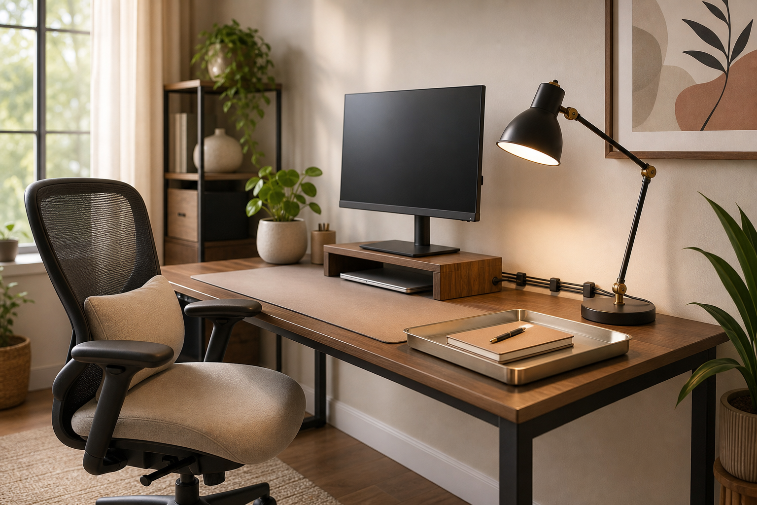 Tidy home office with desk tray, monitor riser, desk lamp, plant and an office chair with lumbar cushion.