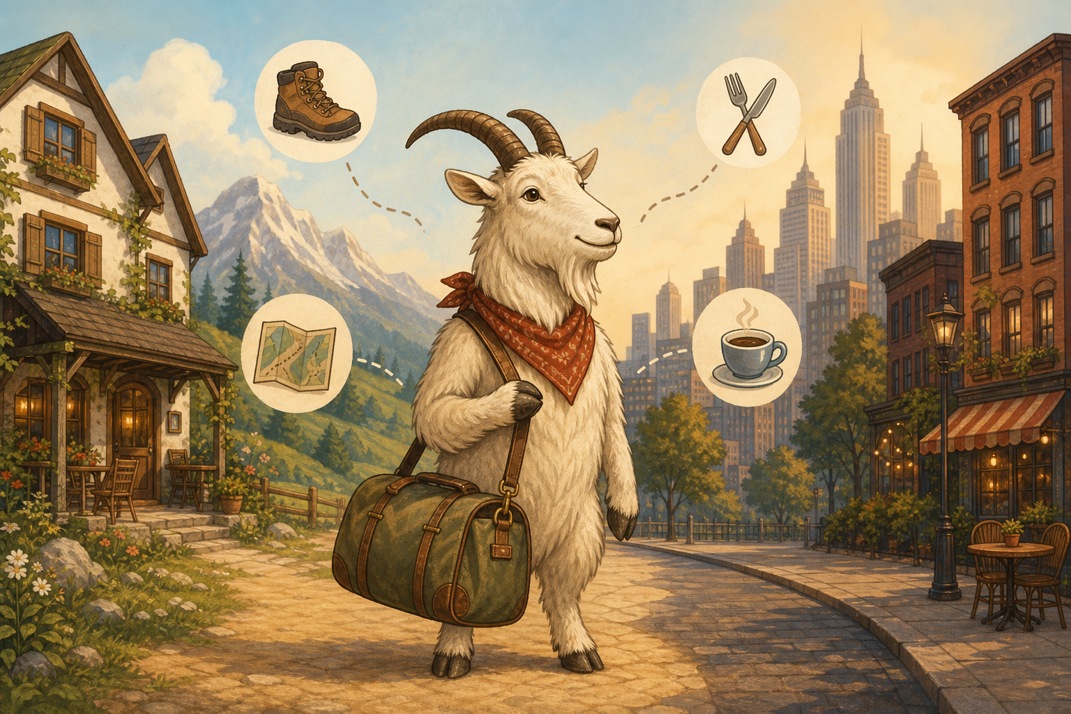Illustration of a mountain goat with a weekend bag between a countryside inn and a city skyline, surrounded by small travel icons.