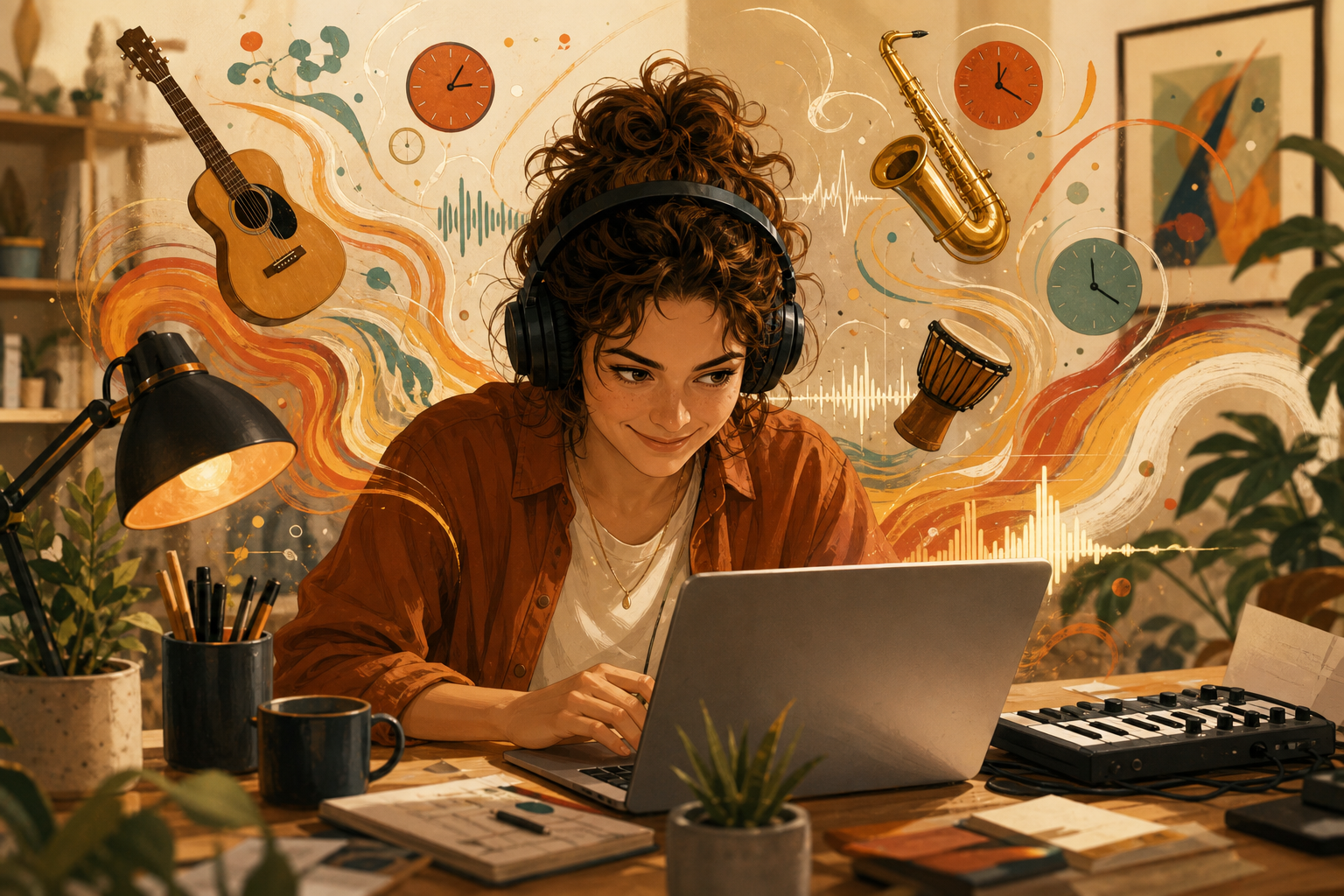 Person at a desk with headphones, surrounded by stylized soundwaves and abstract rhythm motifs, focused and energetic.