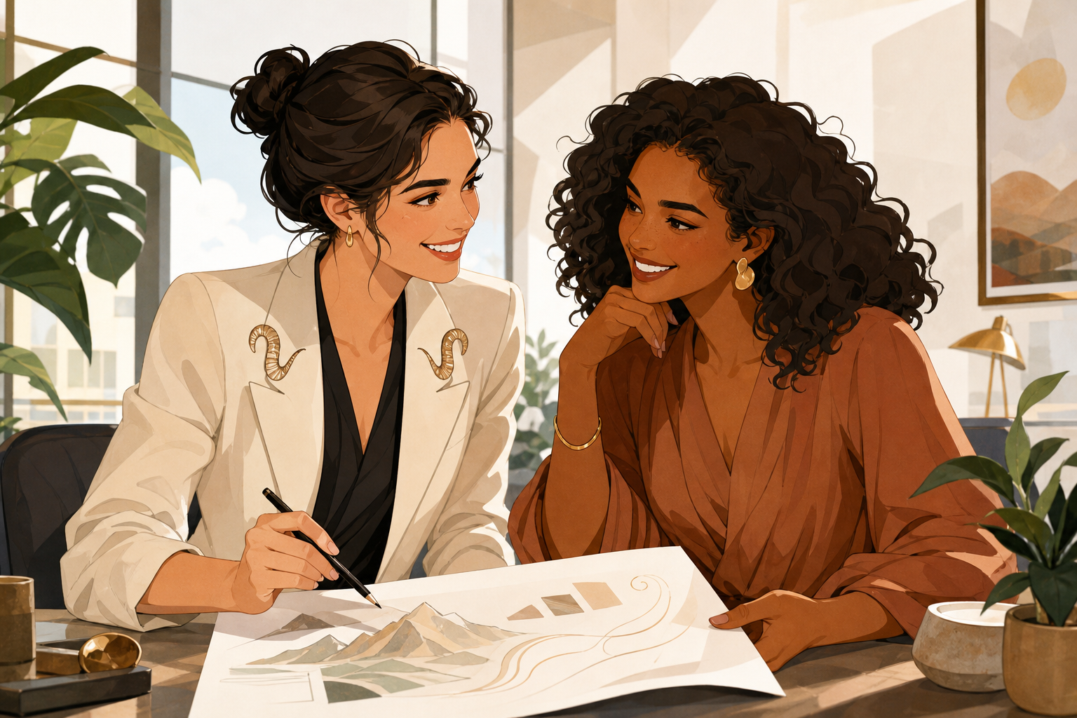 Two colleagues collaborating in an office, one with a subtle mountain-goat horn motif on their outfit, leaning together over a planning sheet; bright, playful illustration.