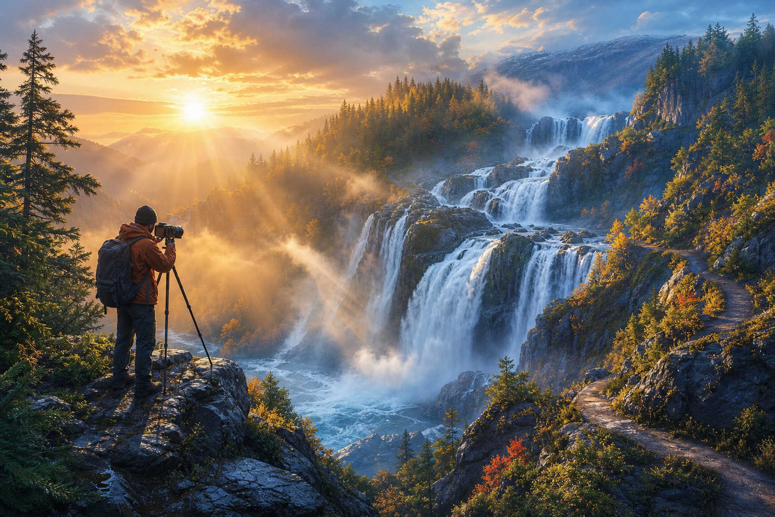 Illustration of a photographer on a rocky overlook photographing a misty multi-tiered waterfall at sunrise.