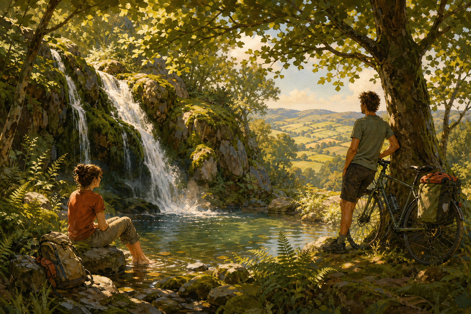 Illustration of a small woodland waterfall with a cyclist and hiker nearby, mossy rocks and soft sunlight.