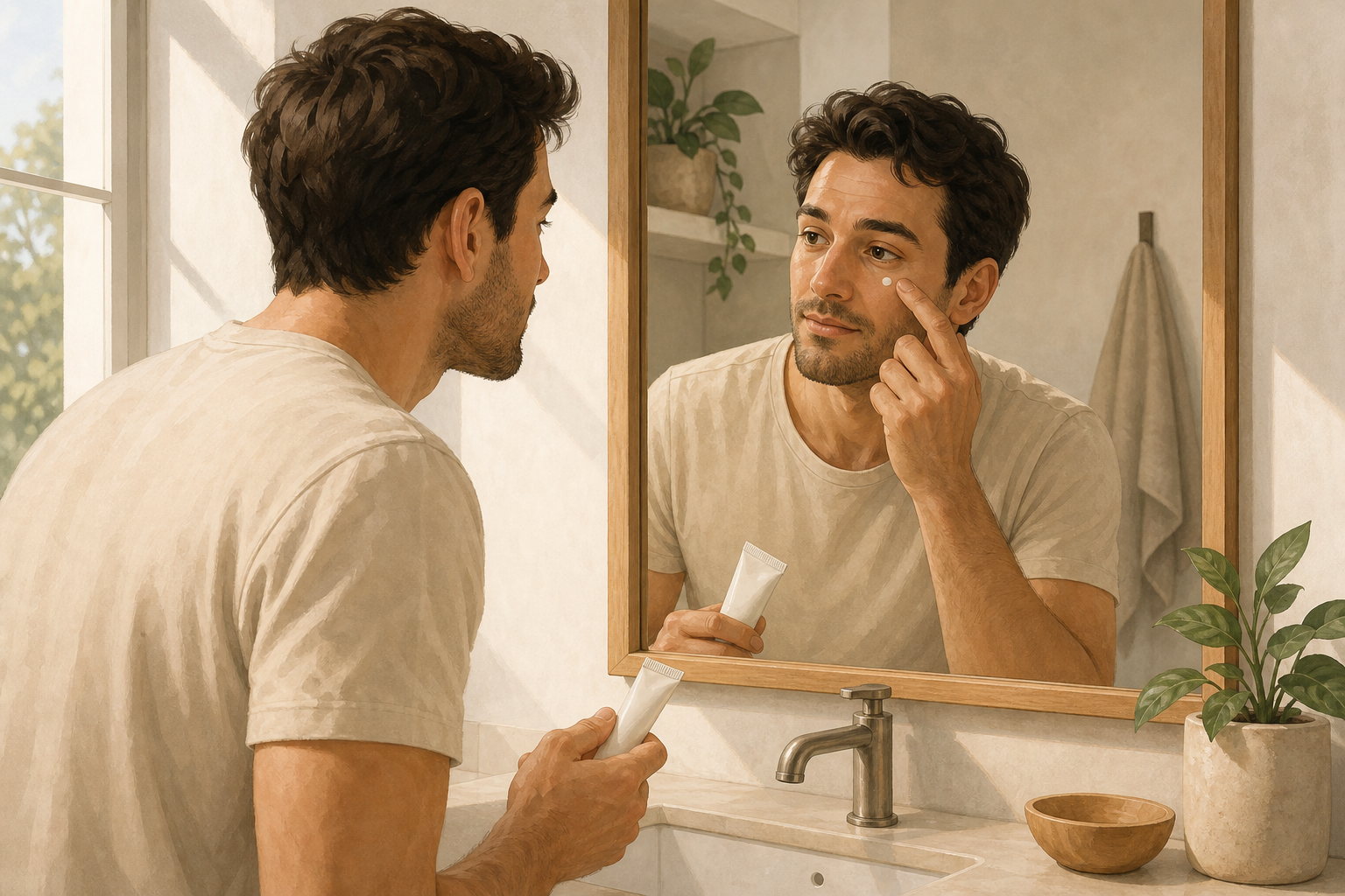 Illustration of a man applying a small dot of concealer under his eye while looking into a mirror in natural light.