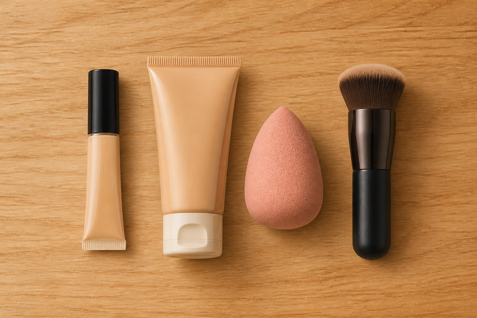 Flat-lay illustration of concealer tube, tinted moisturizer, mini sponge, and small brush on a counter.