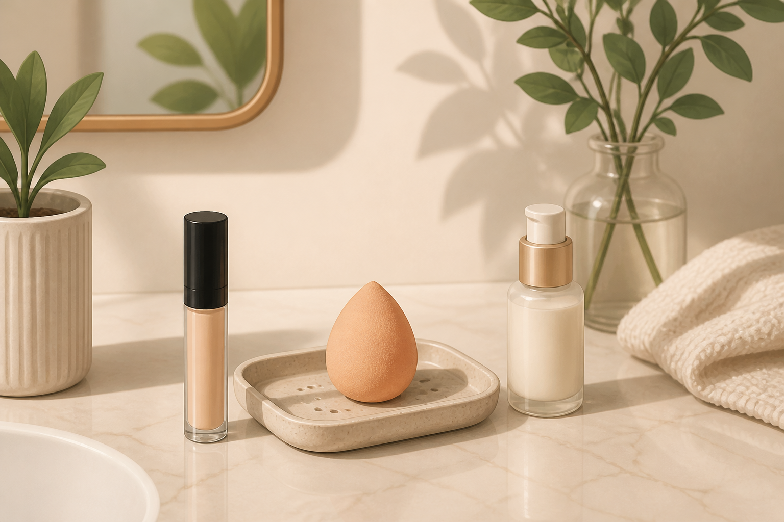 Tidy counter with concealer tube closed and a sponge drying on a tray.