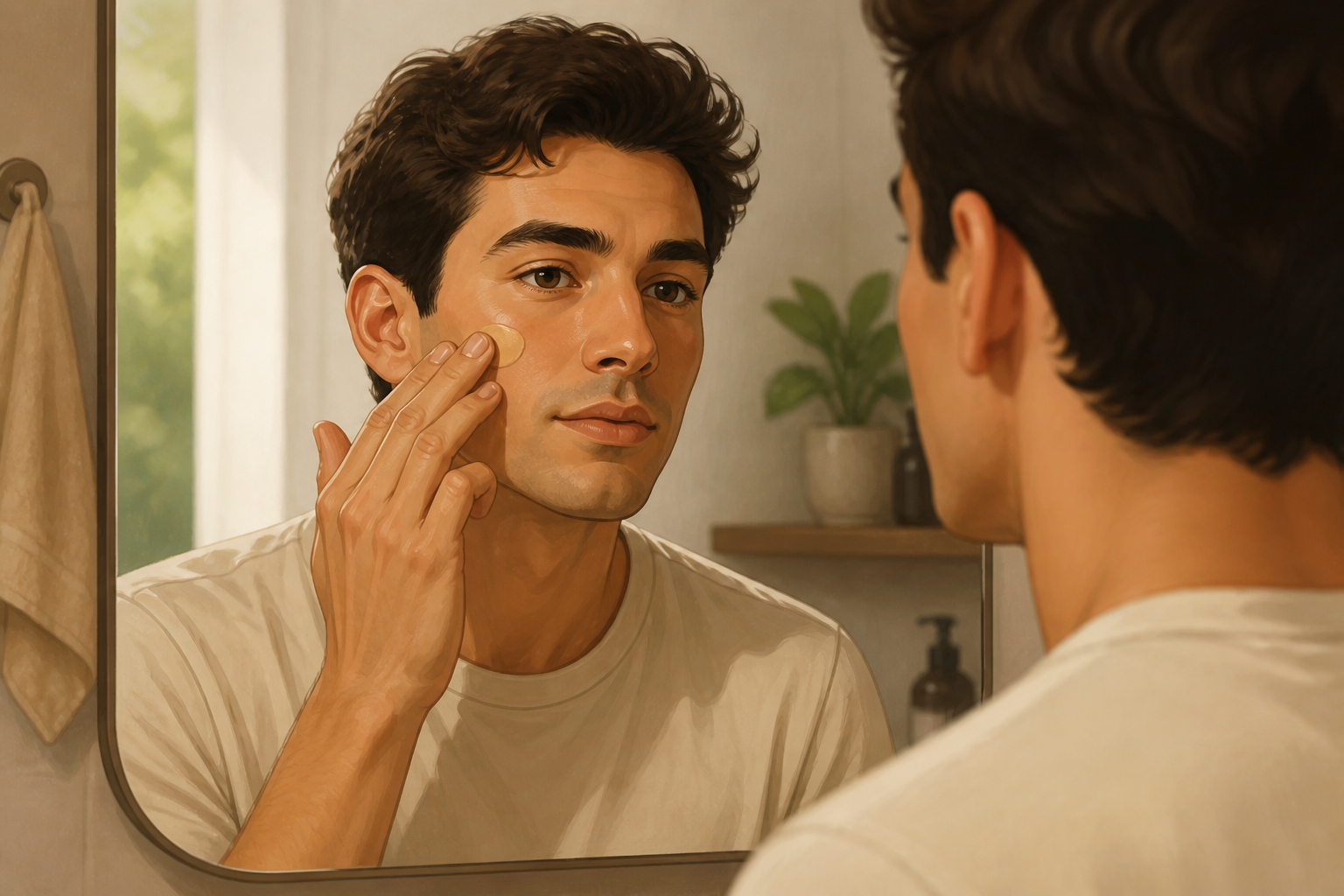 Man dabbing a small amount of tinted moisturizer onto his cheek in front of a mirror.