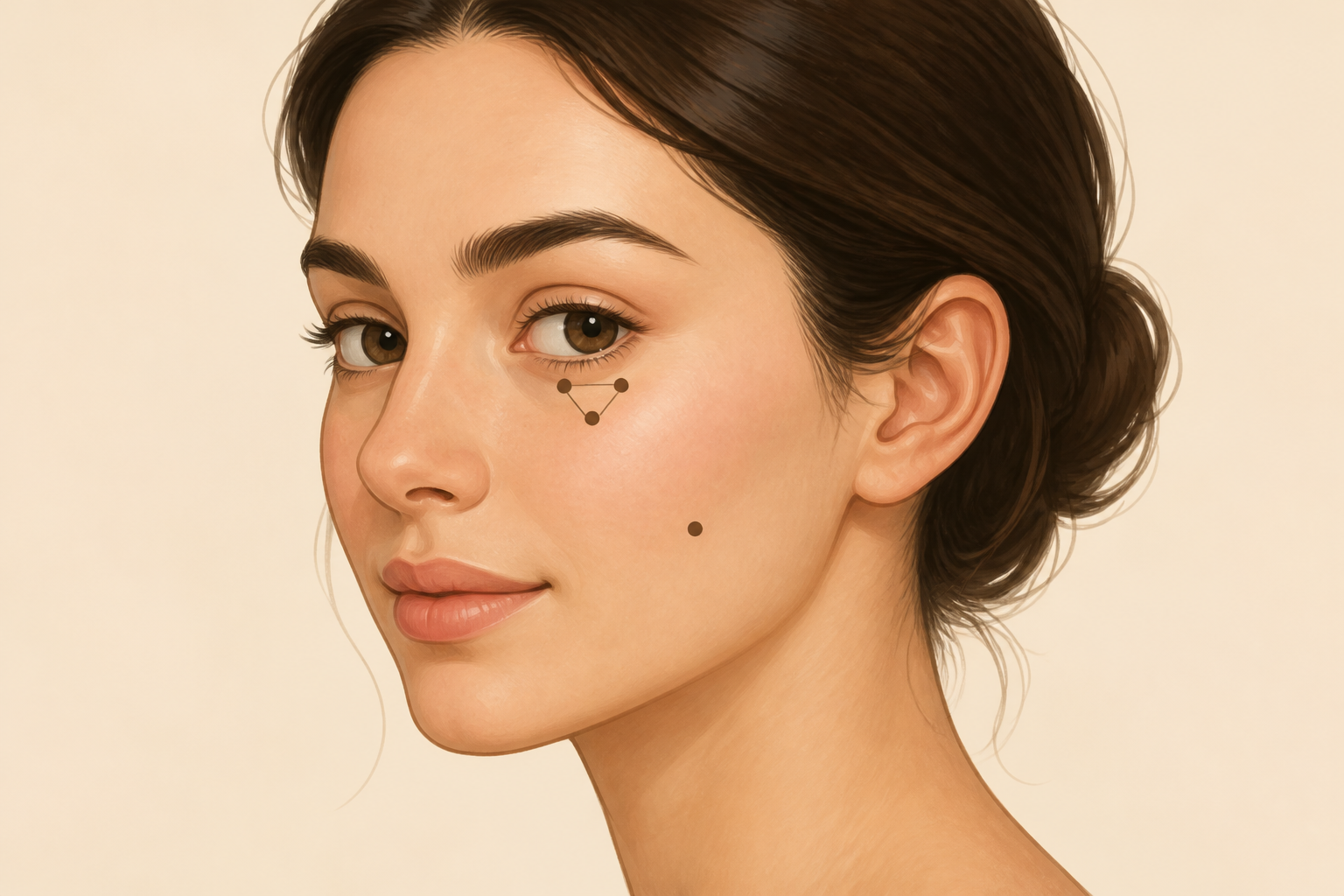 Diagram-style illustration showing small dots of concealer placed under the eye and on a cheek blemish.