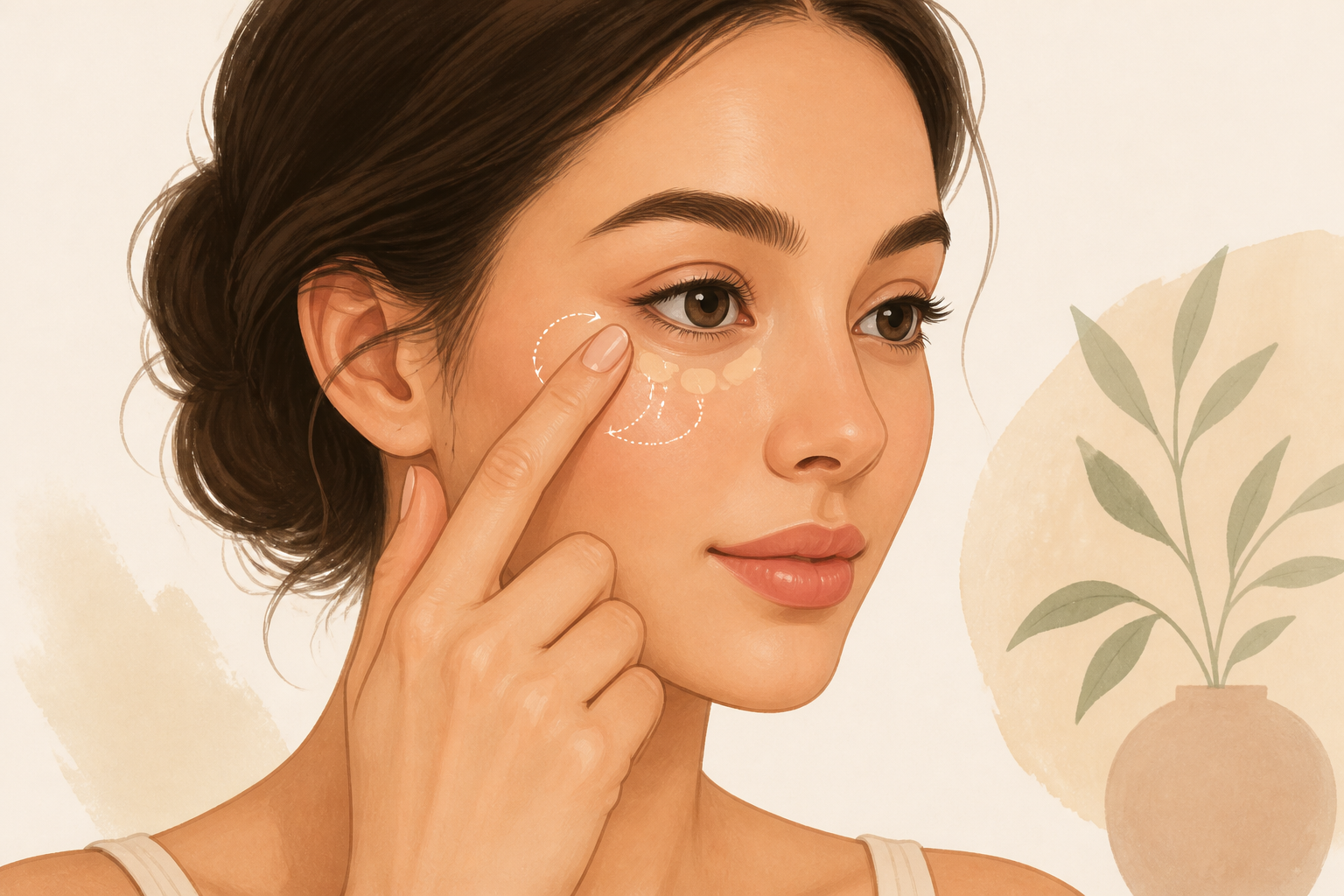 Hand patting and rolling concealer under the eye using a fingertip.