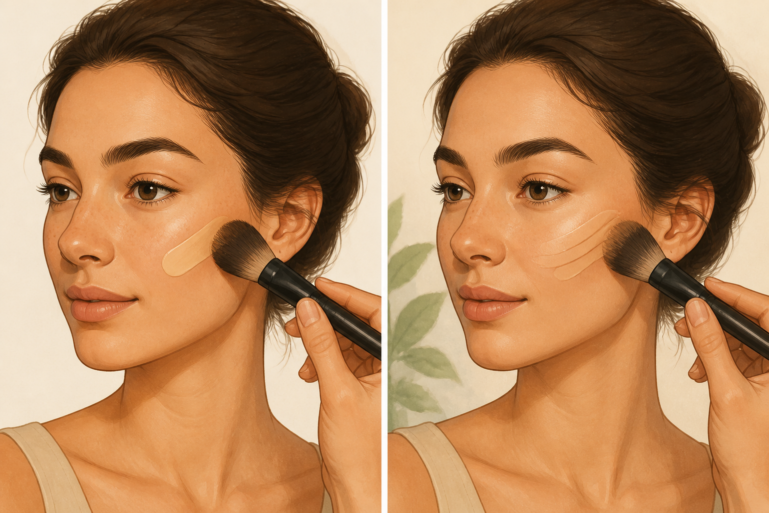 Split illustration showing a thin first layer and a second thin layer of concealer being applied.
