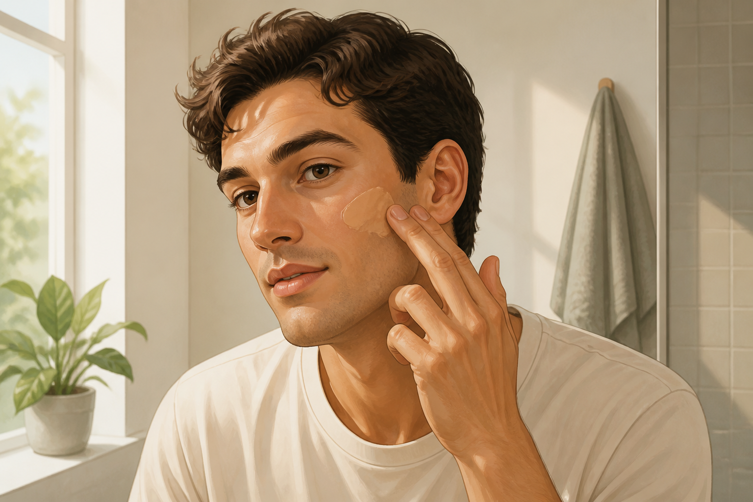 Man tapping tinted moisturizer over cheek to blend edges of concealer.