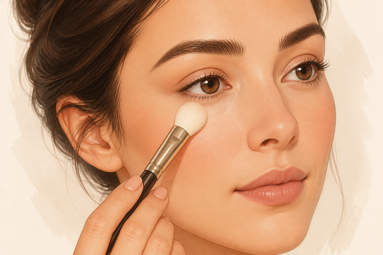 Small brush pressing a light dusting of translucent powder under the eye.