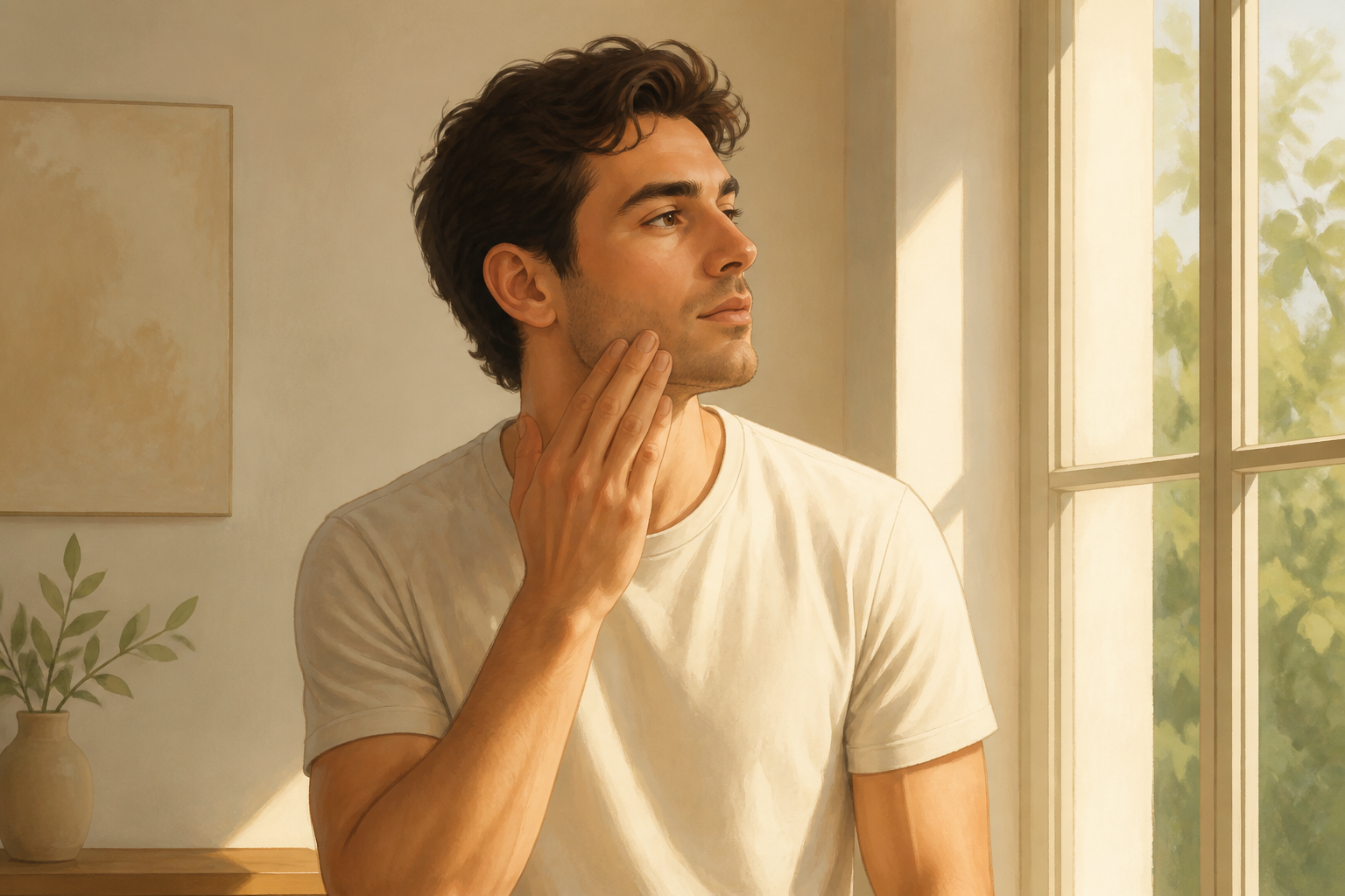 Man checking his face in natural light by a window, tilting his head to inspect coverage.