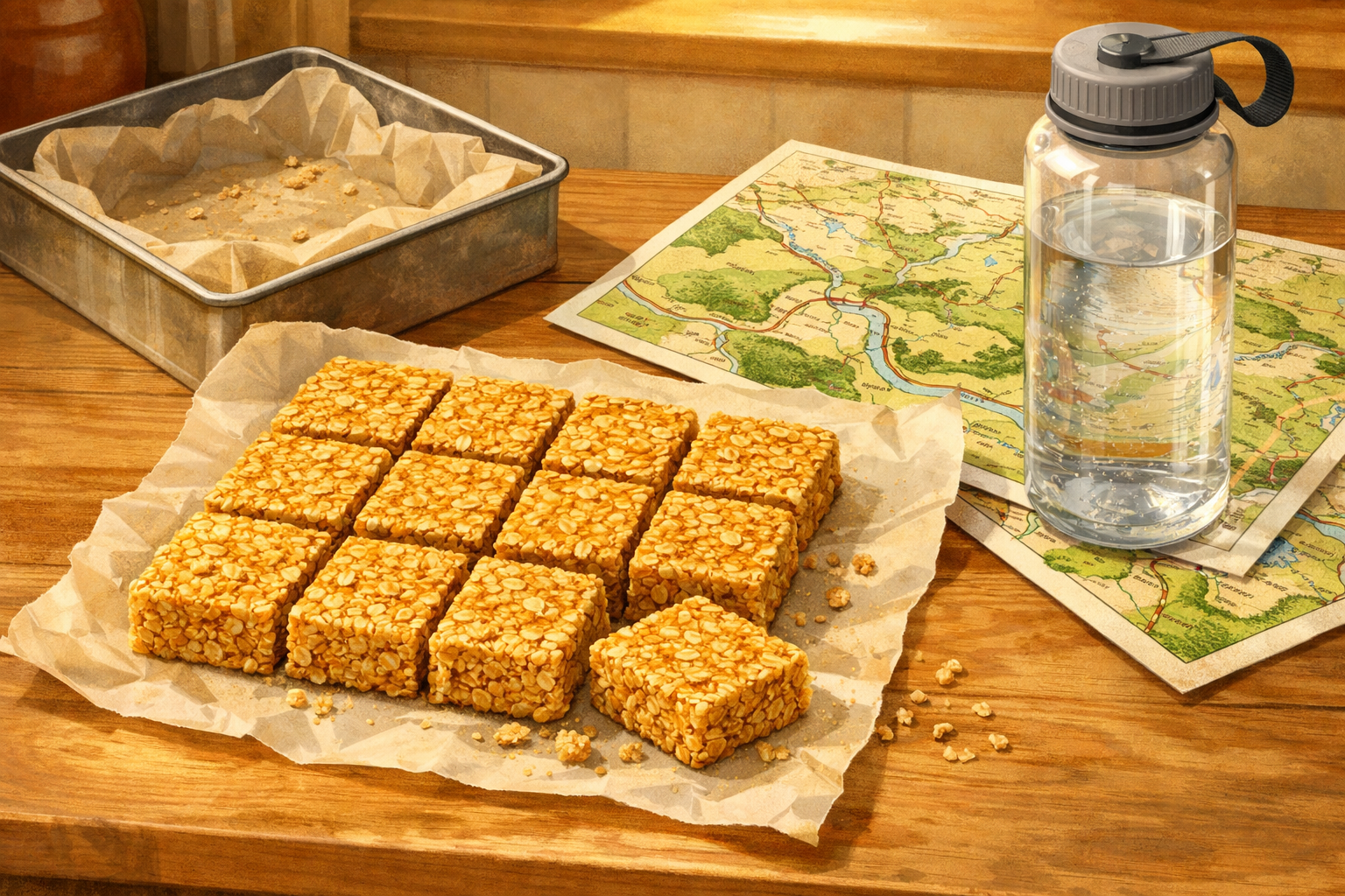 Golden oat flapjack bars on parchment beside a square tin, with a folded countryside map and water bottle in the background.