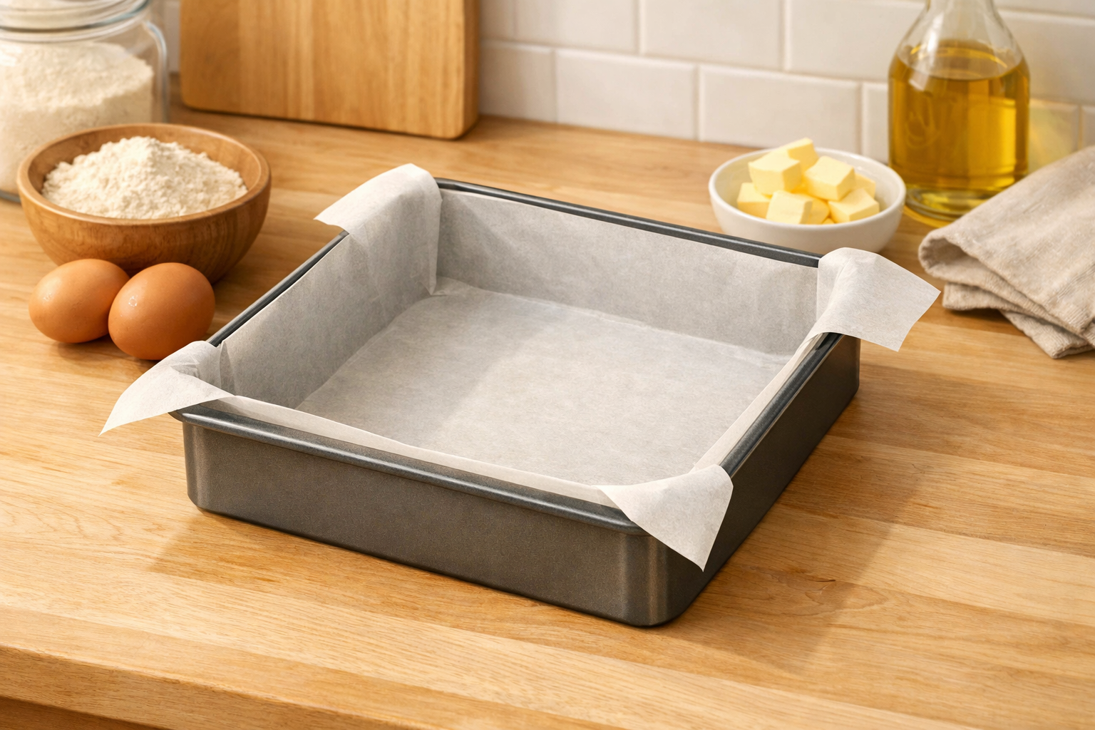Square baking tin with parchment paper overhanging on two sides, ready for baking.