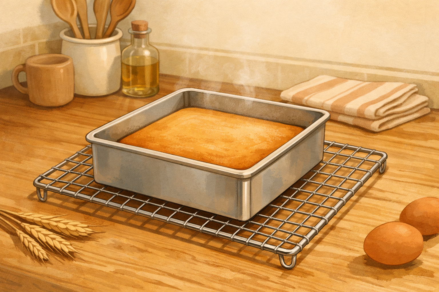Square baking tin cooling on a wire rack.
