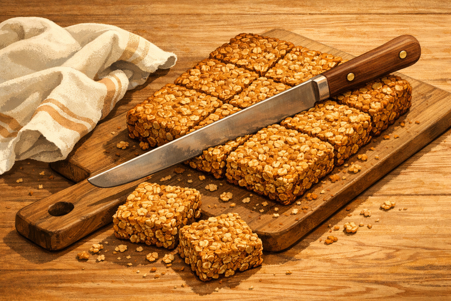 Flapjack slab on a board being cut into neat bars with a long knife.