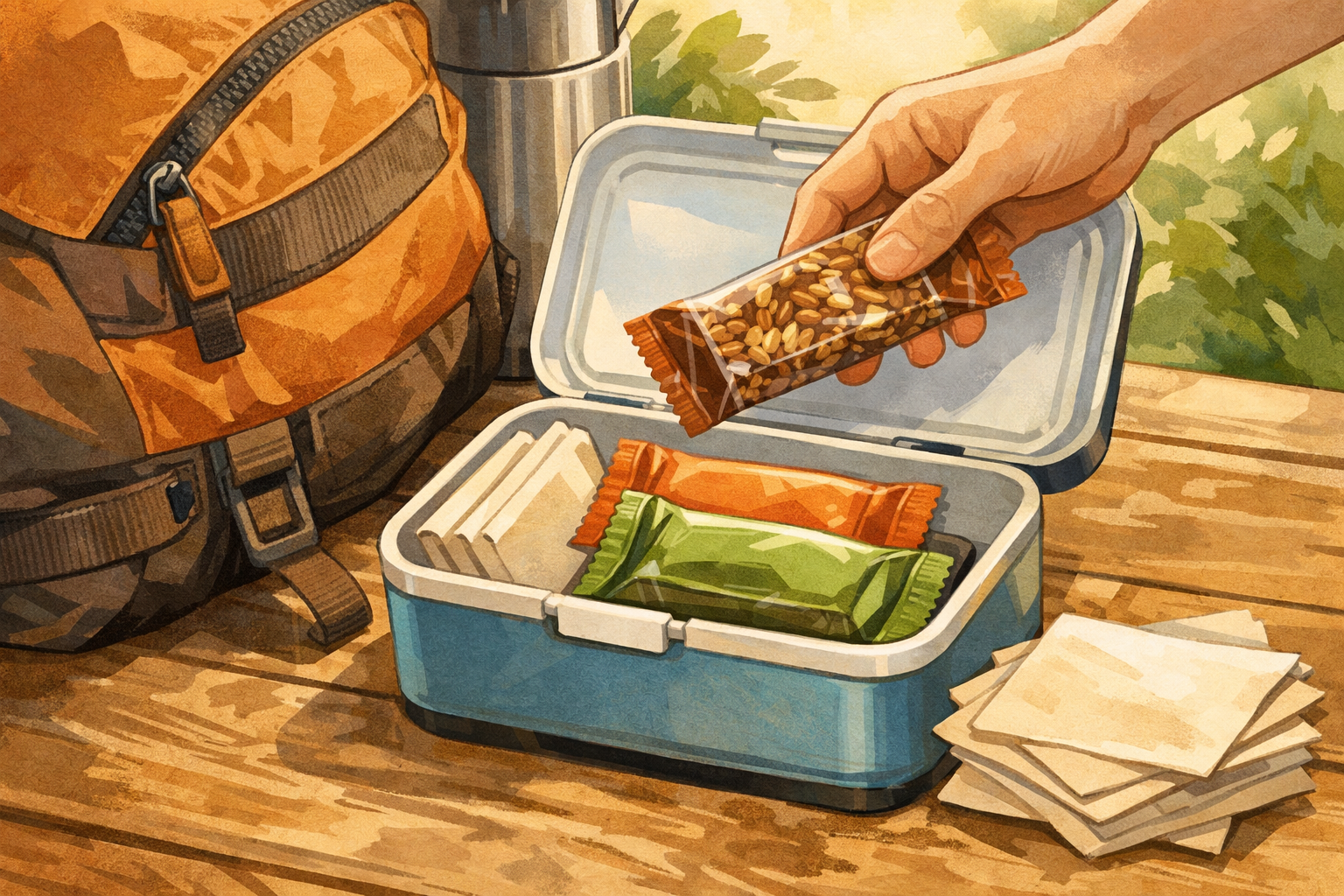 Wrapped flapjack bars going into a small container next to a daypack.