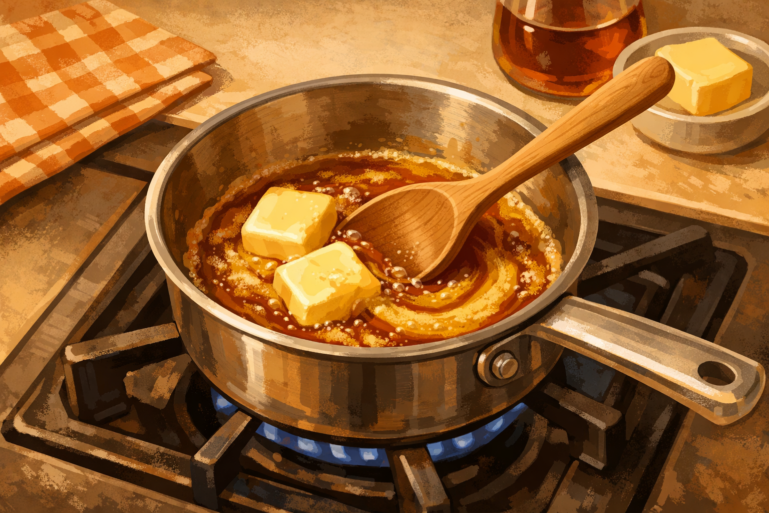Saucepan on low heat with butter and syrup melting, stirred with a spoon.