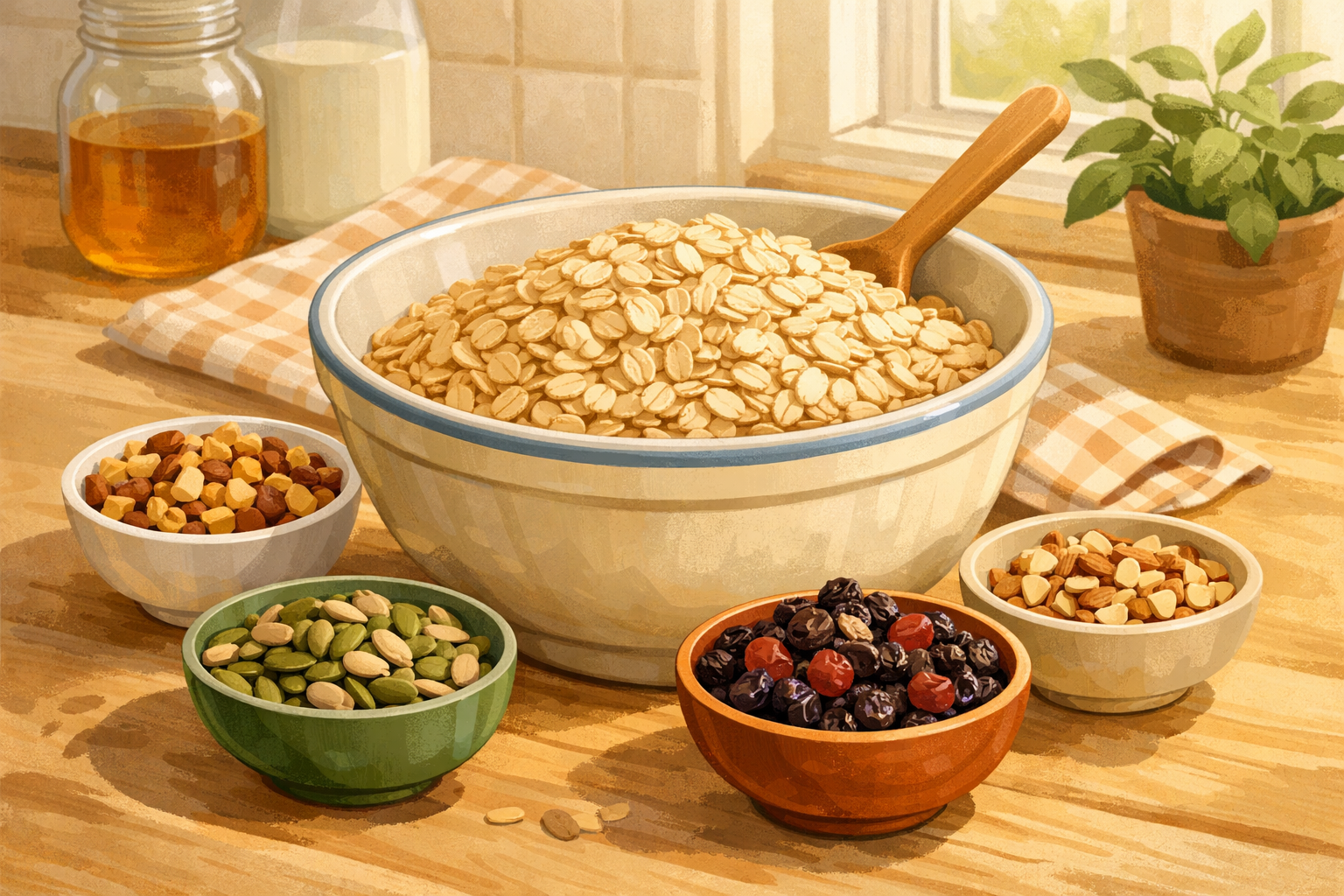 Bowl of oats with small bowls of nuts, seeds, and dried fruit ready to mix.