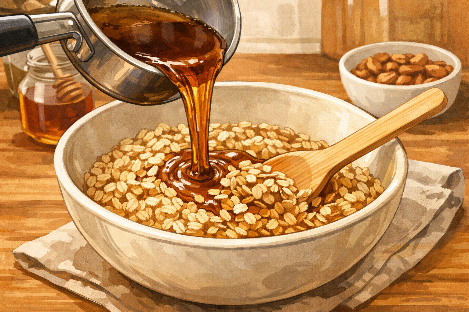 Warm syrup being poured into oats and mixed with a spatula.