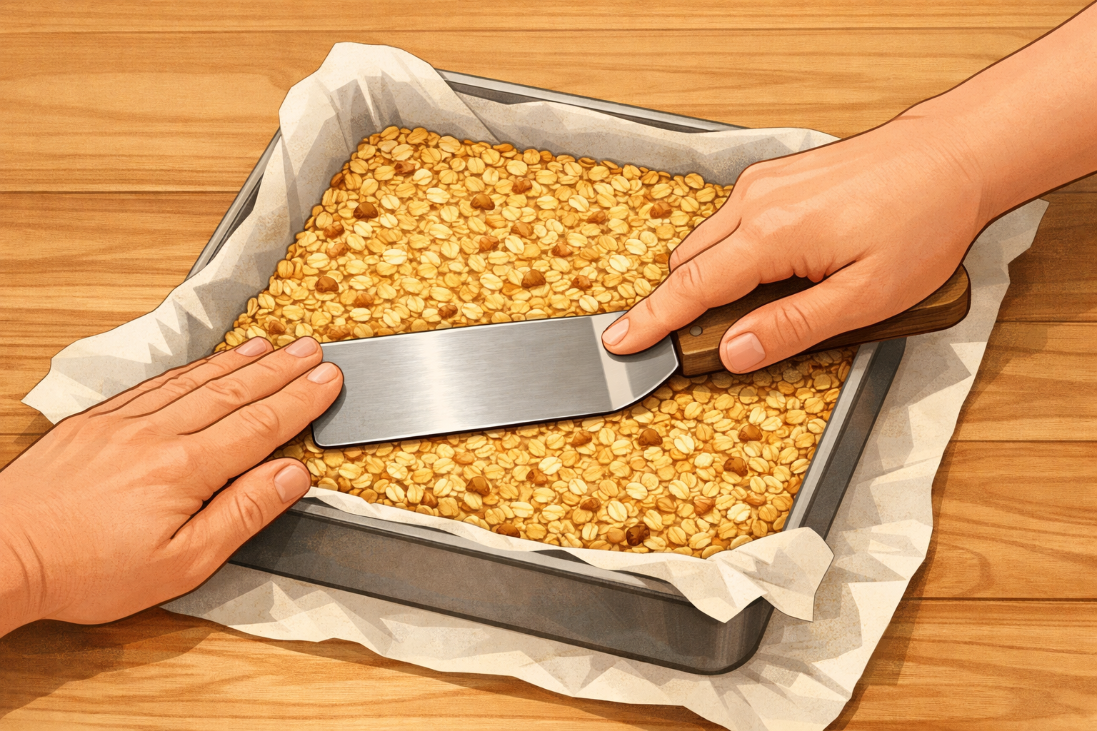 Oat mixture in a square tin being pressed flat and level under parchment.