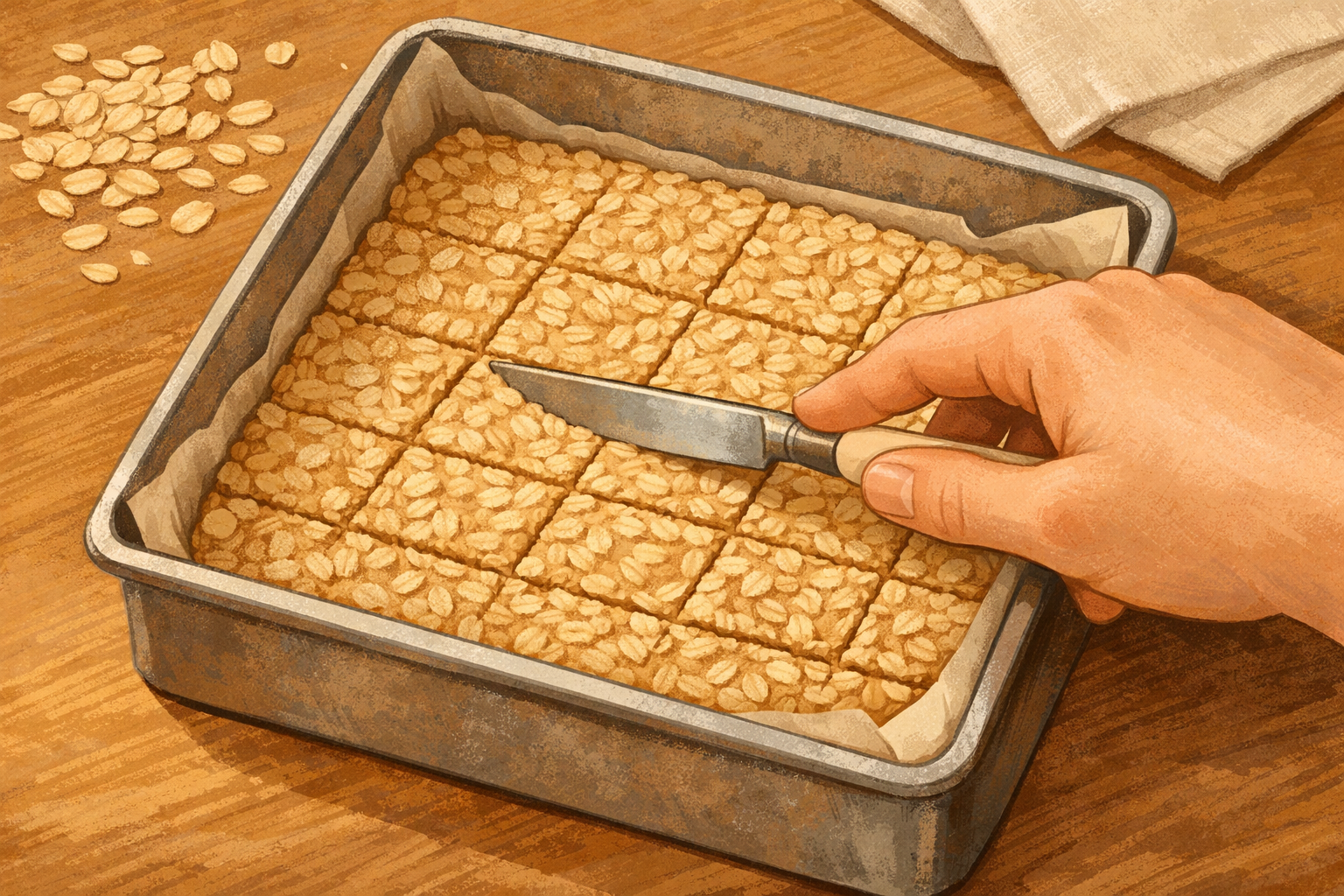 Shallow guide lines being scored on packed flapjack mixture in the tin.