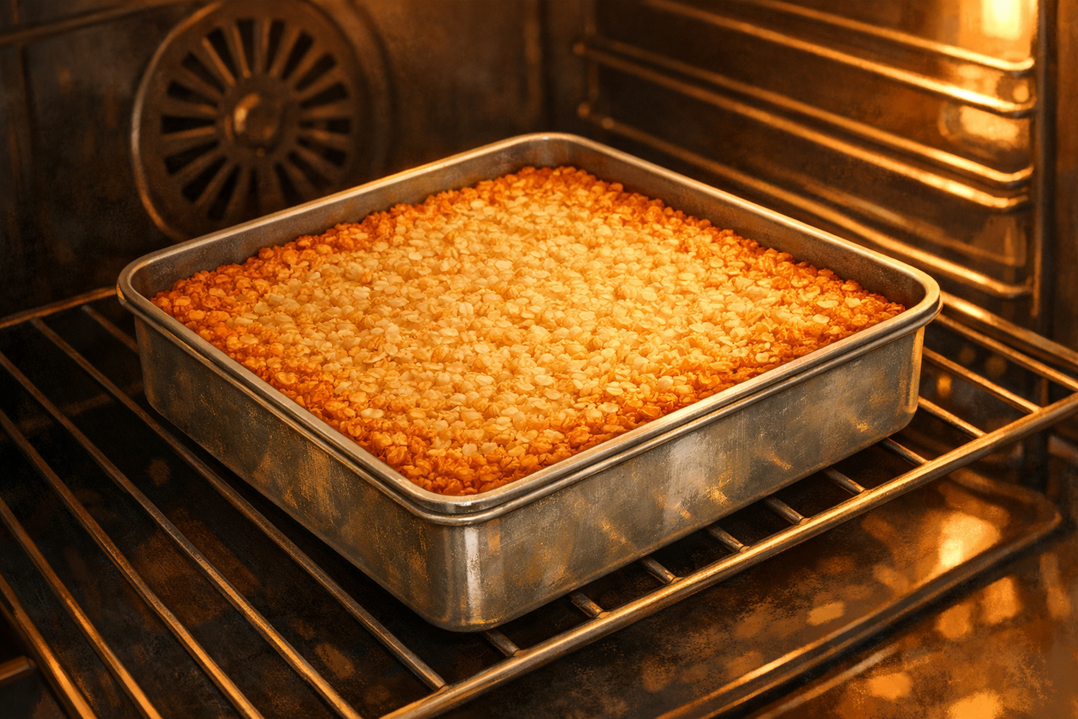 Flapjacks baking in the oven with lightly golden edges.