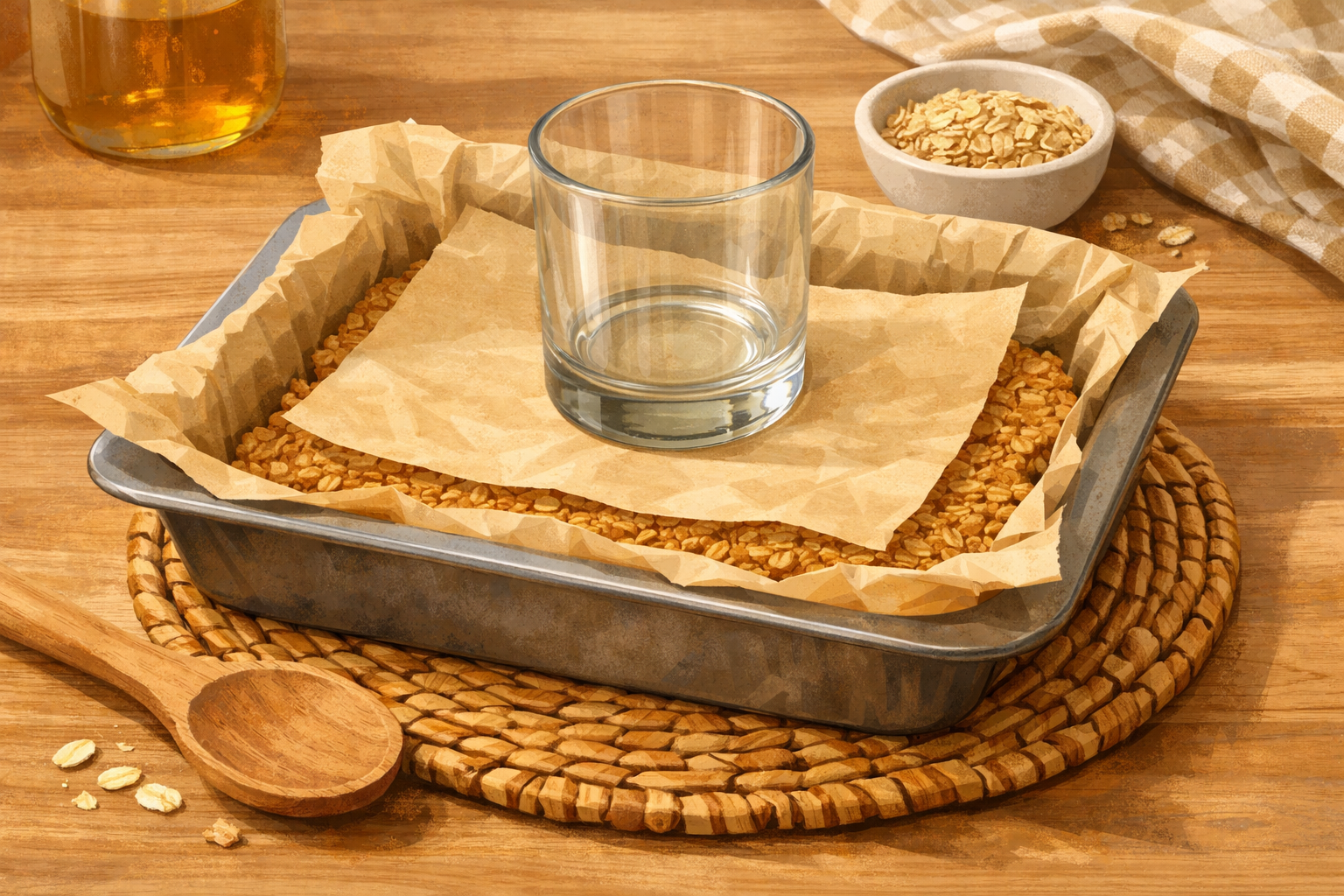 Just-baked flapjacks being compressed again under parchment.