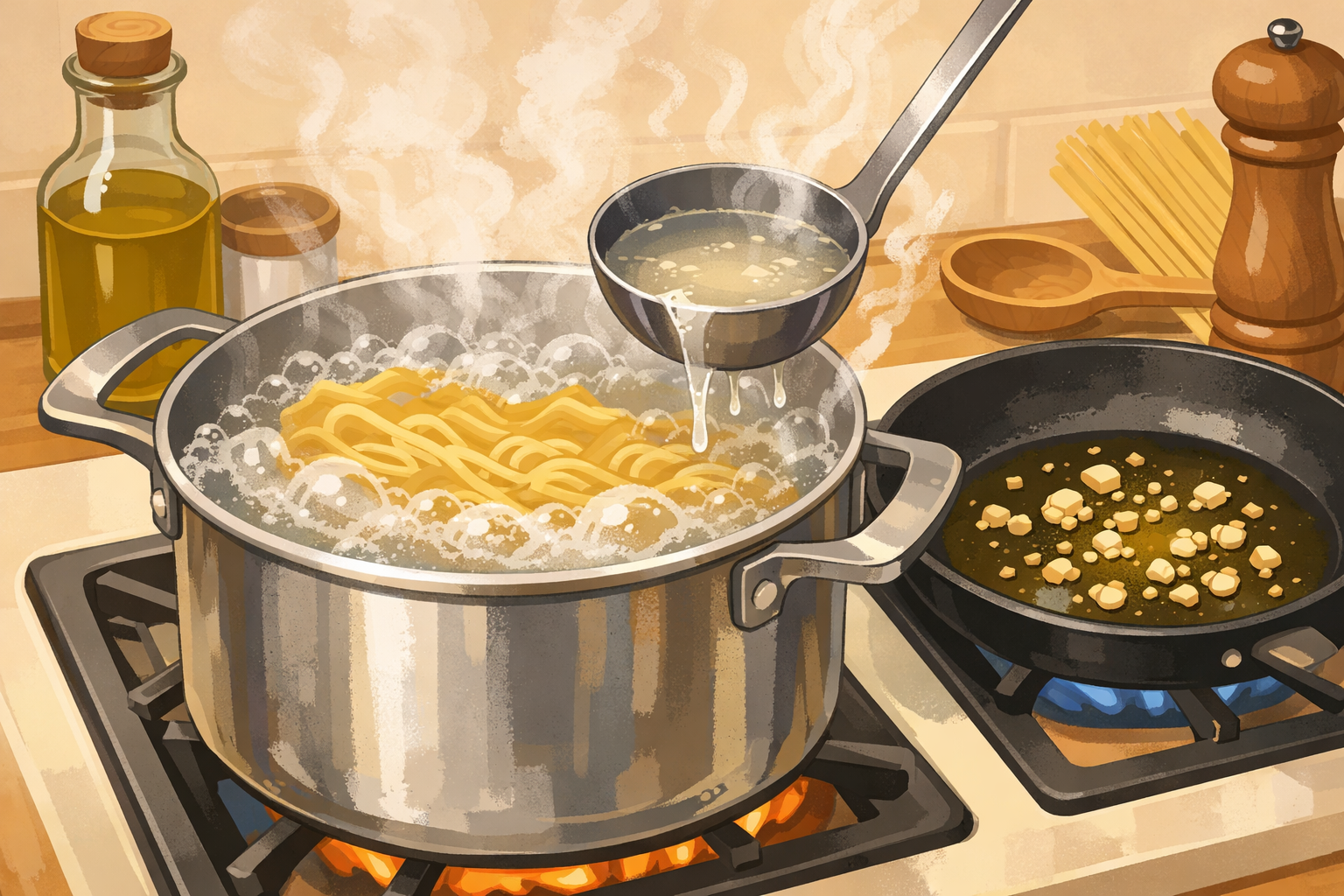 A pot of boiling pasta beside a skillet with garlic in oil, and a ladle lifting starchy pasta water.