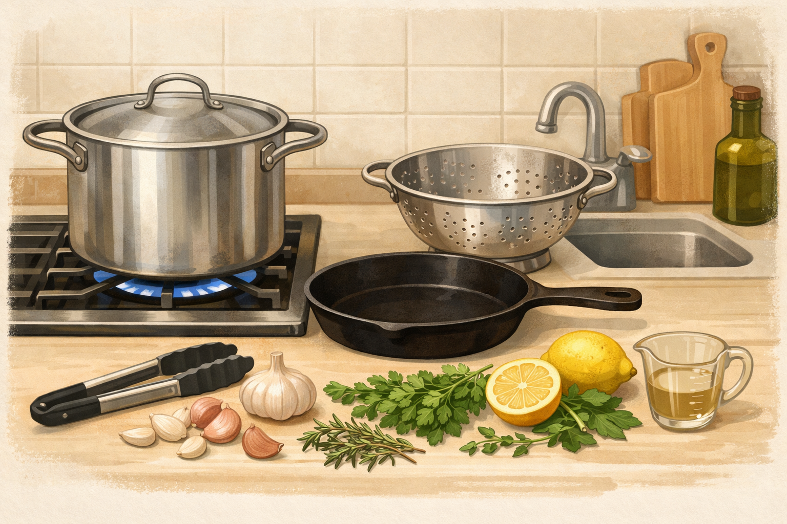 Pot, skillet, and colander arranged with garlic, herbs, lemon, and utensils on a stove and counter.
