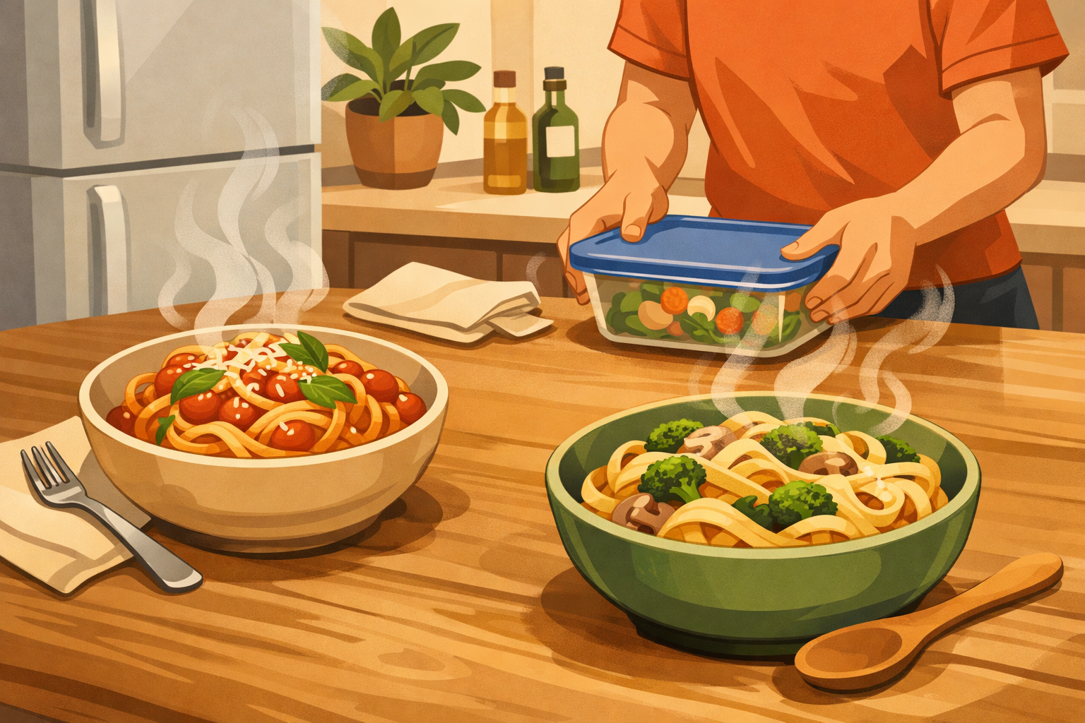 Bowls of freshly served pasta and a small container being covered for storage.